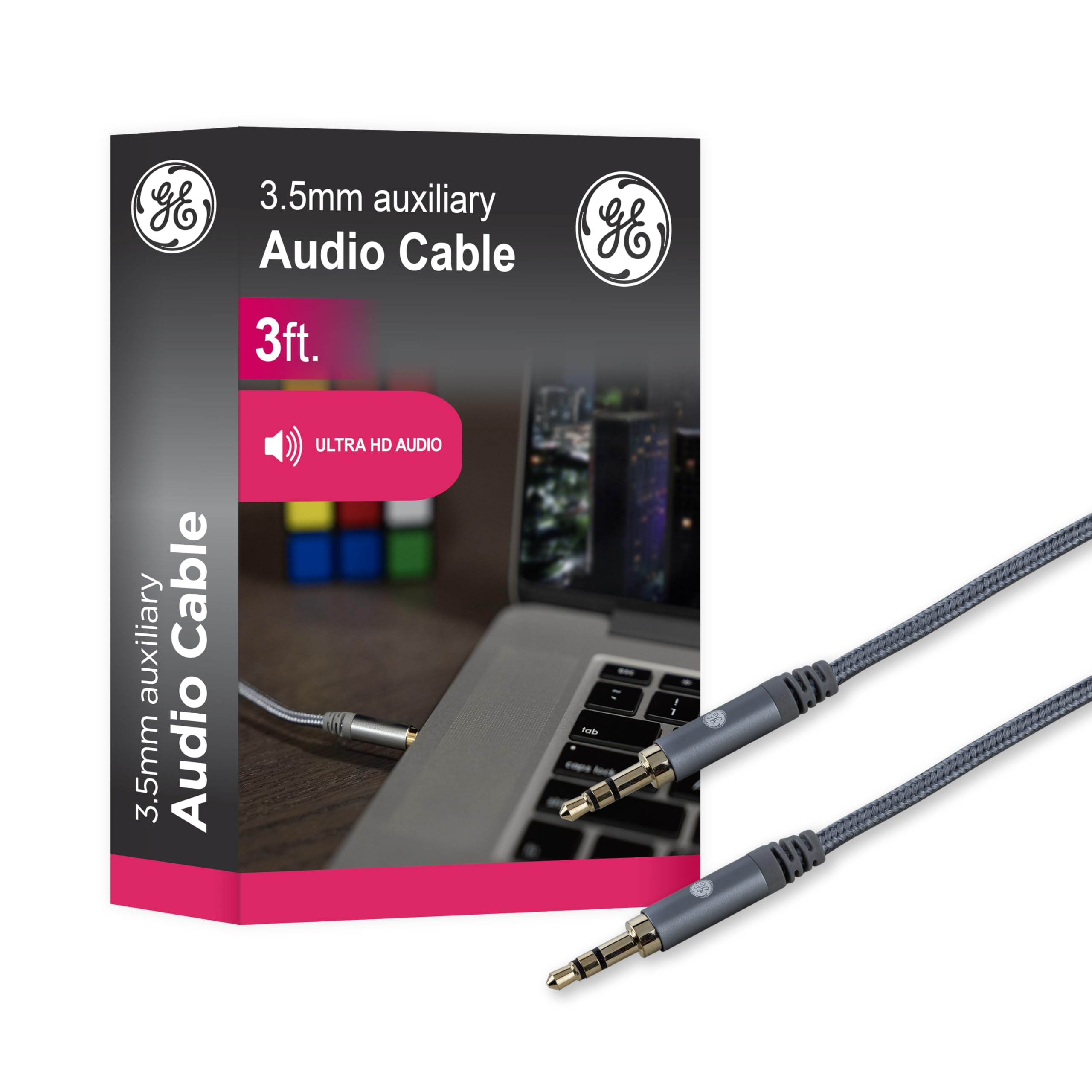 GE Home Electrical Pro 3.5mm Auxiliary Cable, 3ft Audio Cord, Premium Aux Cord for Car, Phone/Tablet, iPad, Home Stereo System and More, 33523