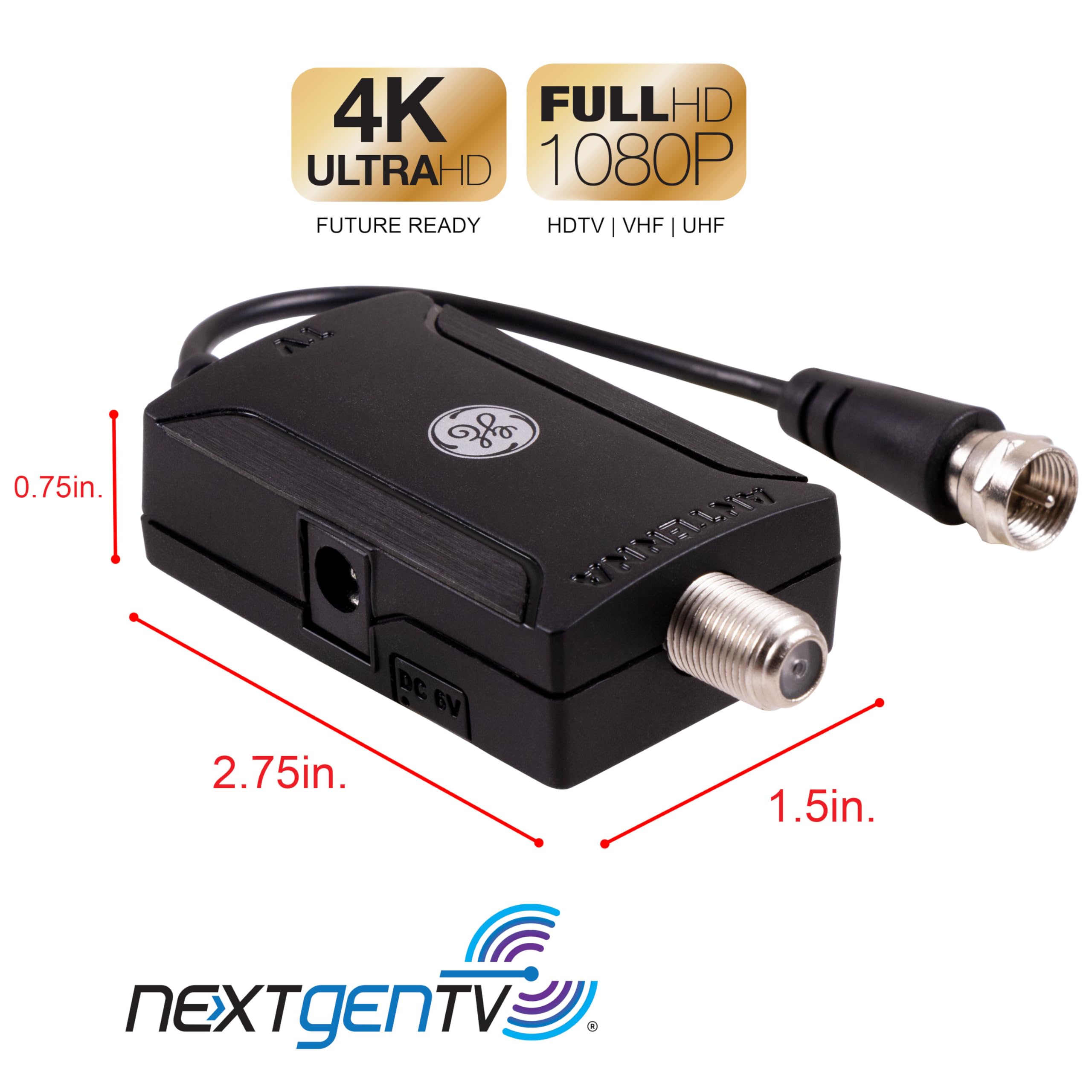 GE Indoor HD Digital TV Antenna Amplifier, Low Noise Antenna Signal Booster, Clears Up Pixelated Low-Strength Channels, Supports HD Smart TV VHF UHF, AC Adapter, Black, 42178 - Image 3