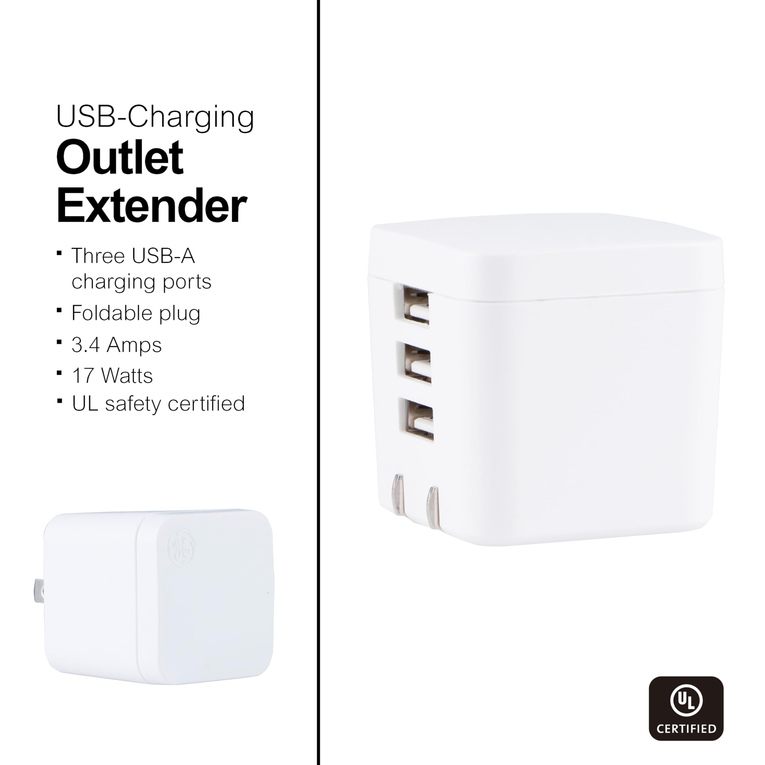 GE iPhone USB Wall Charger Block, 17W 3-Port USB A Charging Block for iPhone 14, 13, 12 Series, iPad Power Adapter Cube, Foldable Plug Charging Box, White, 36346 - Image 3