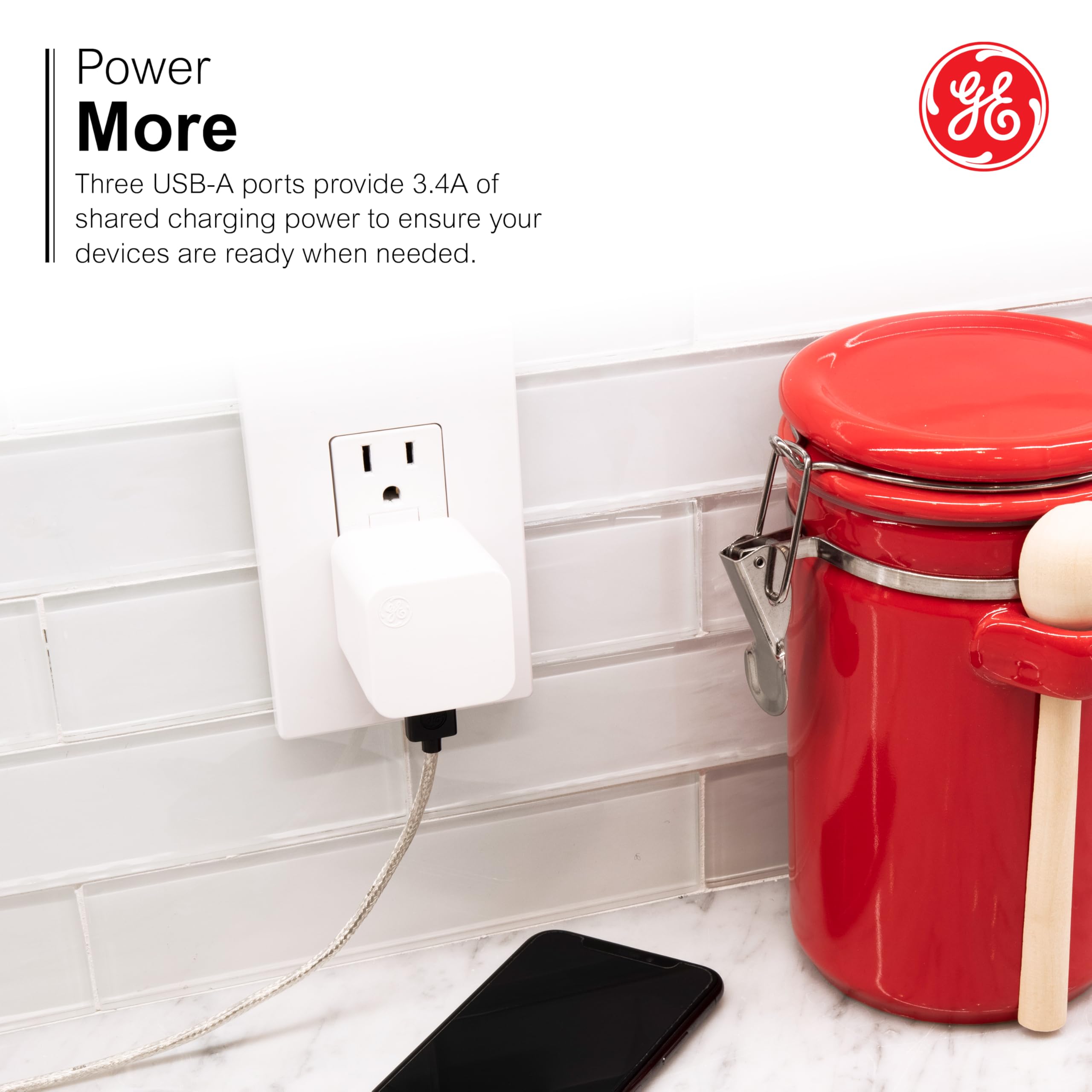 GE iPhone USB Wall Charger Block, 17W 3-Port USB A Charging Block for iPhone 14, 13, 12 Series, iPad Power Adapter Cube, Foldable Plug Charging Box, White, 36346 - Image 4