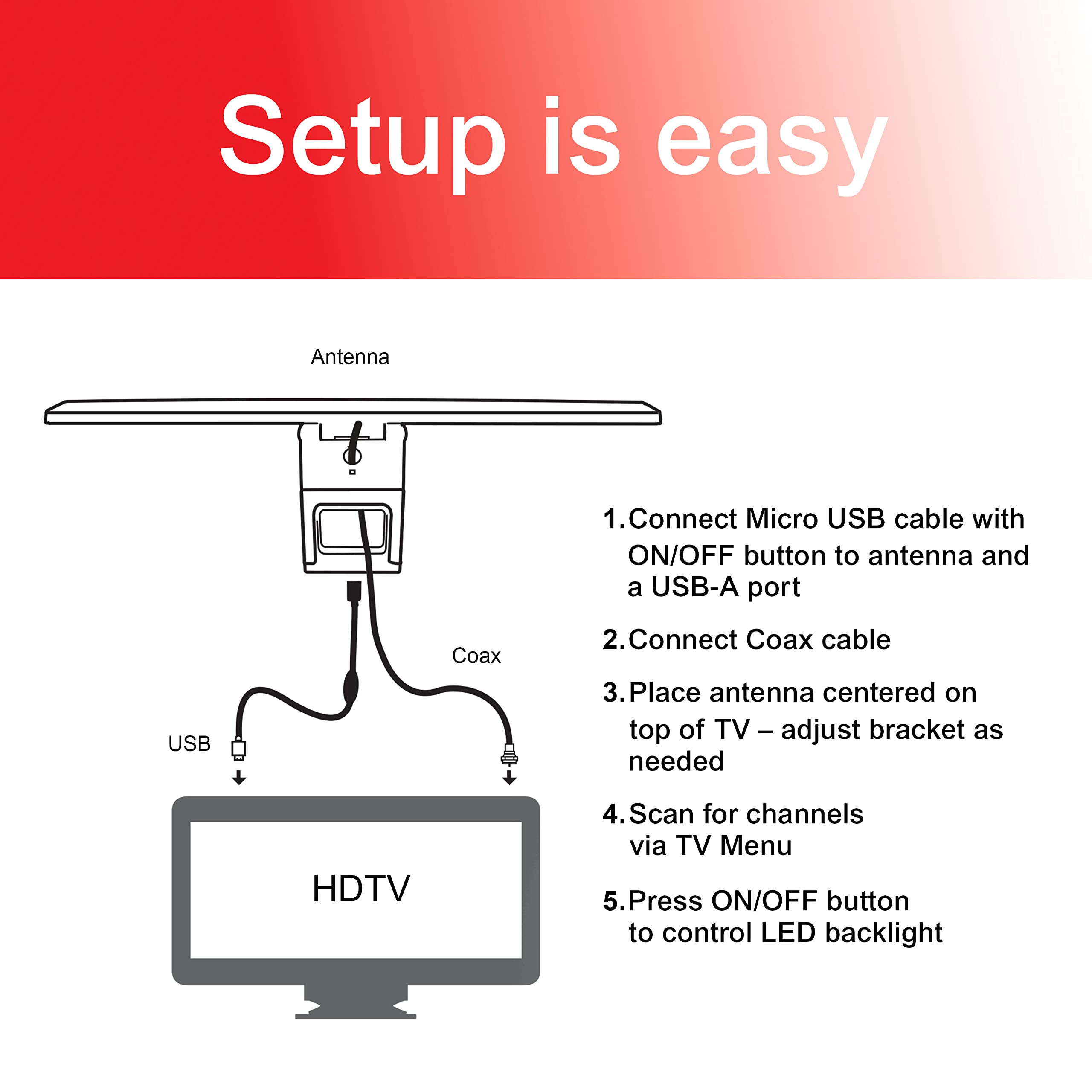 GE LED Enlighten HD Color Changing RGB Backlight Hover TV Antenna, 4K 1080P Digital HDTV VHF UHF, TV Antenna for Smart TV, Long Range TV Antenna Indoor, 57284 - Image 9