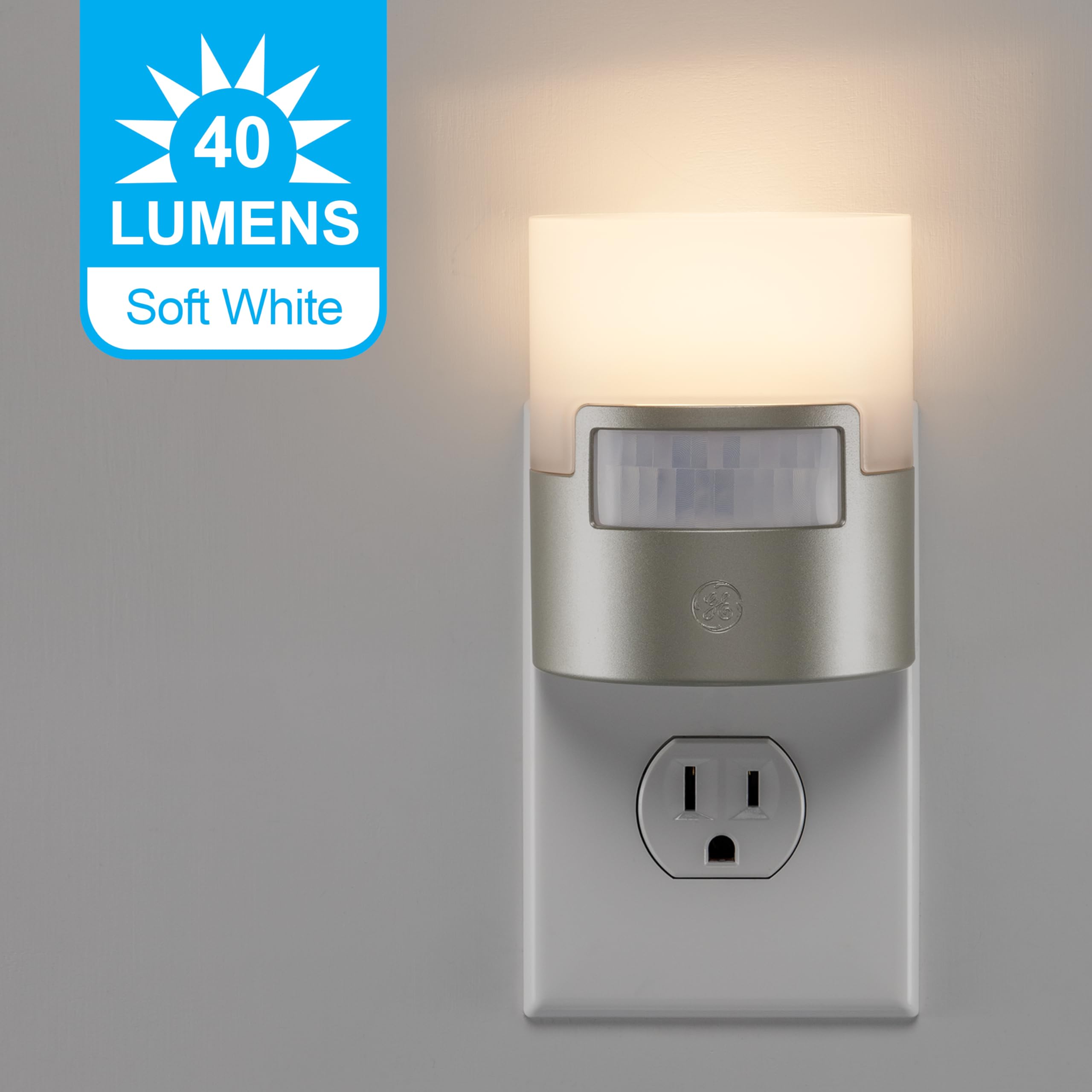 GE LED Motion Sensor Night Light, Plug into wall, 40 Lumens, Soft White, UL-Certified, Energy Efficient, Ideal Nightlight for Bedroom, Bathroom, Kitchen, Hallway, 46633, Silver, 2 Pack - Image 3