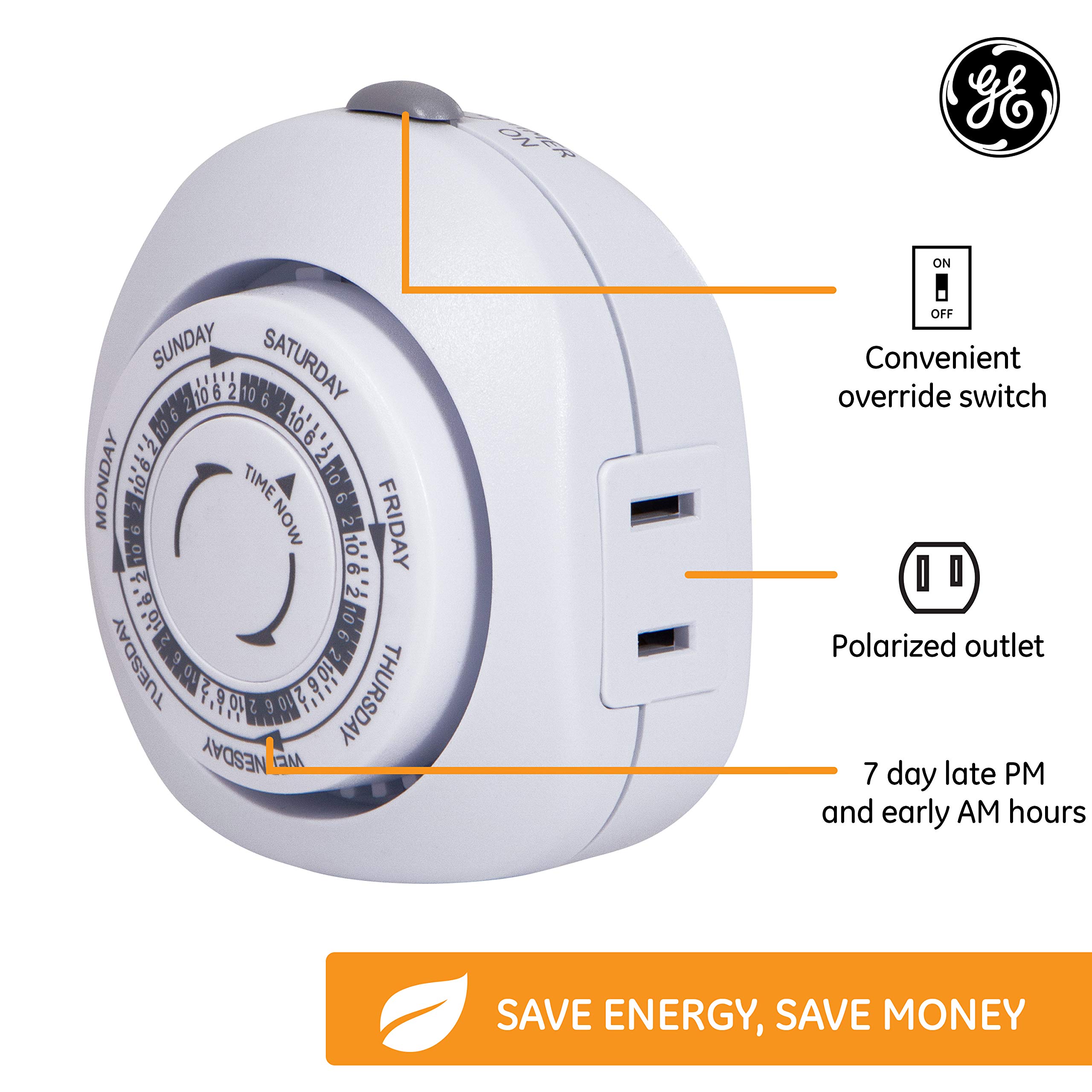 GE Mechanical Indoor Plug-in Timer for Security Vacation, 1 Outlet Polarized, CFL Ready, for Lamps, Seasonal Lighting, 15151 - Image 3