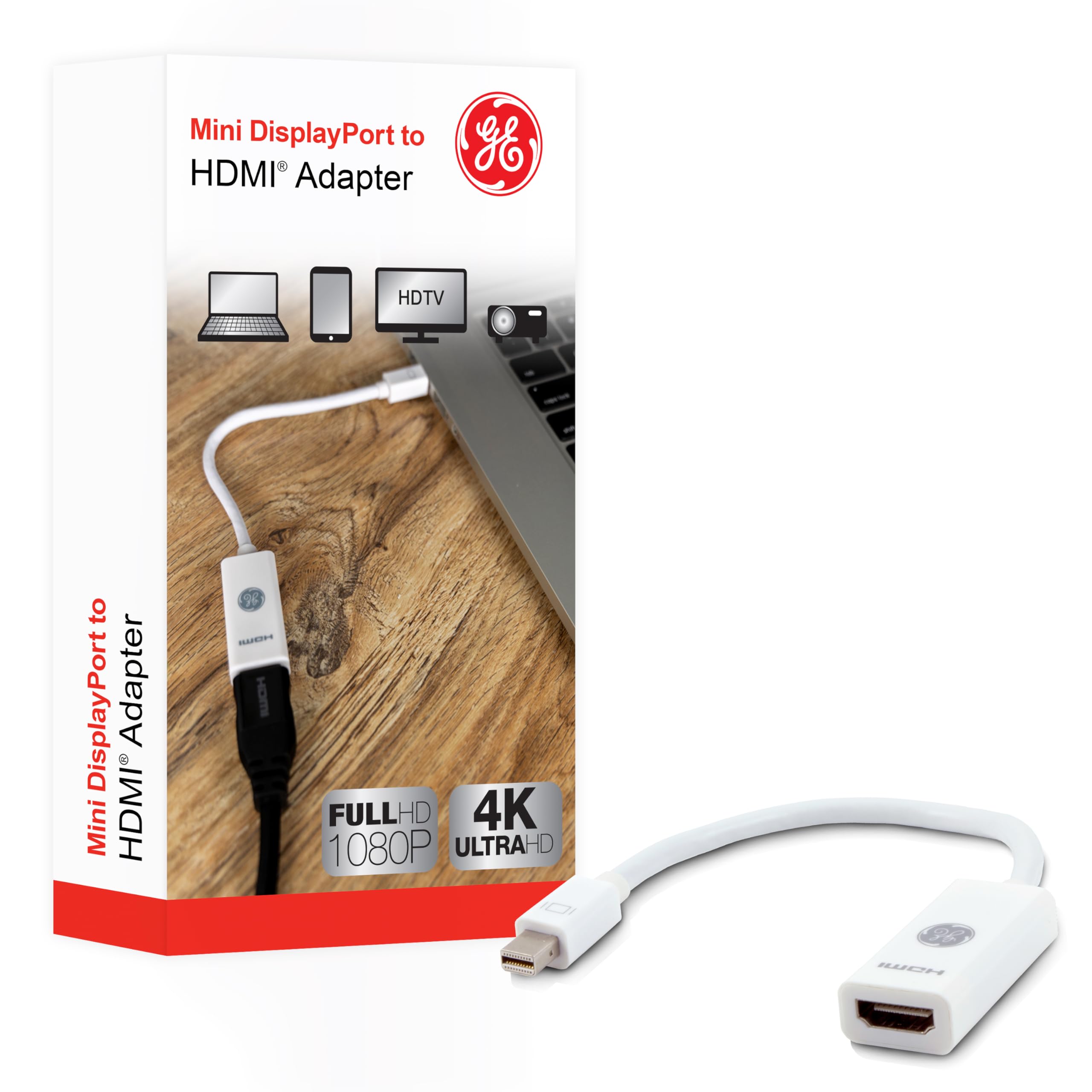 GE Mini DisplayPort Thunderbolt to HDMI Adapter, Compatible with Apple iMac, MacBook and PC, Supports Full HD 1080P and 4K Ultra HD, White, 33589