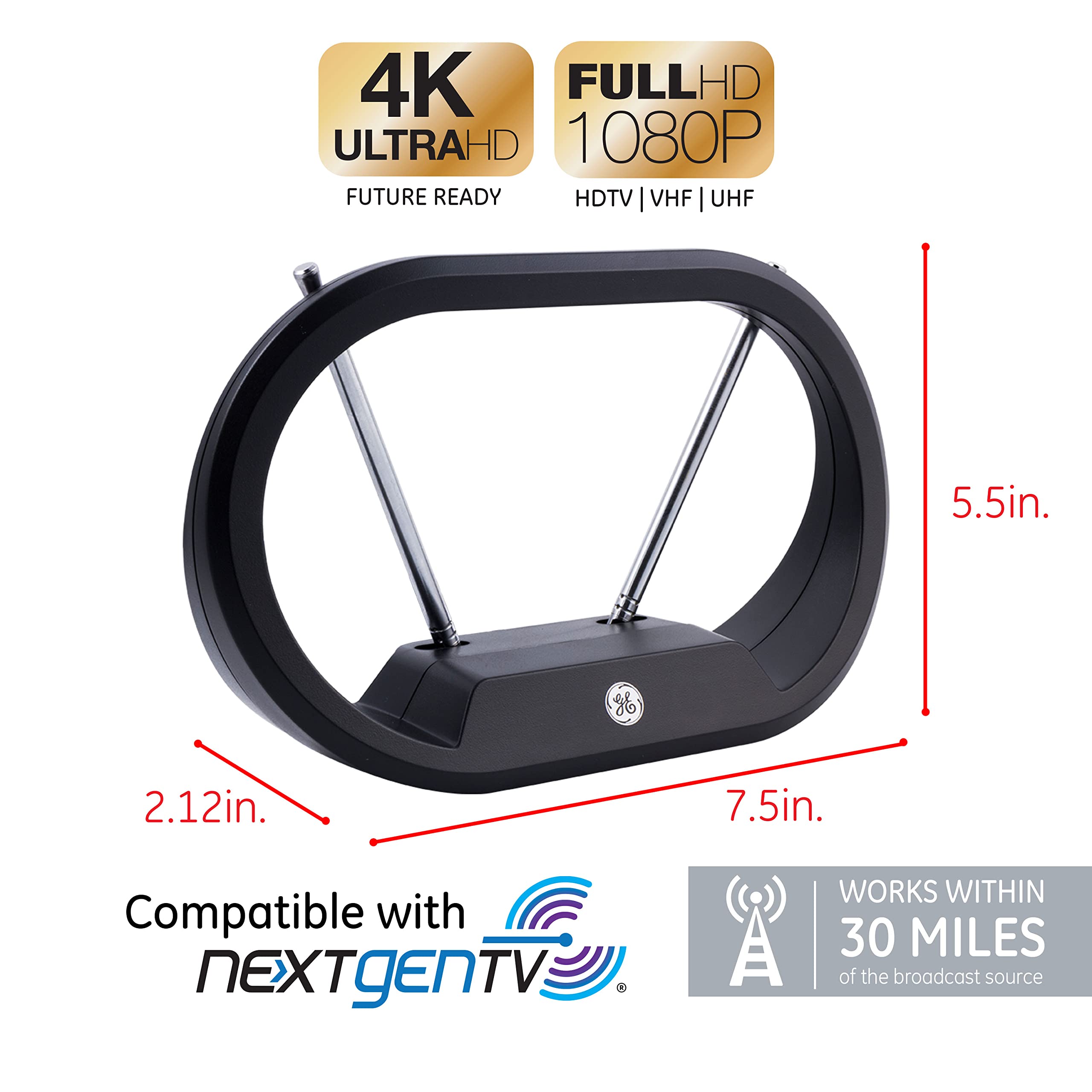 GE Modern Loop Rabbit Ears Indoor TV Antenna, 15 inch Extendable Dipoles, 4K 1080P VHF UHF, Tabletop Antenna, Digital HDTV Antenna, Smart TV Compatible, 4ft Coaxial Cable, Black, 33675 - Image 3