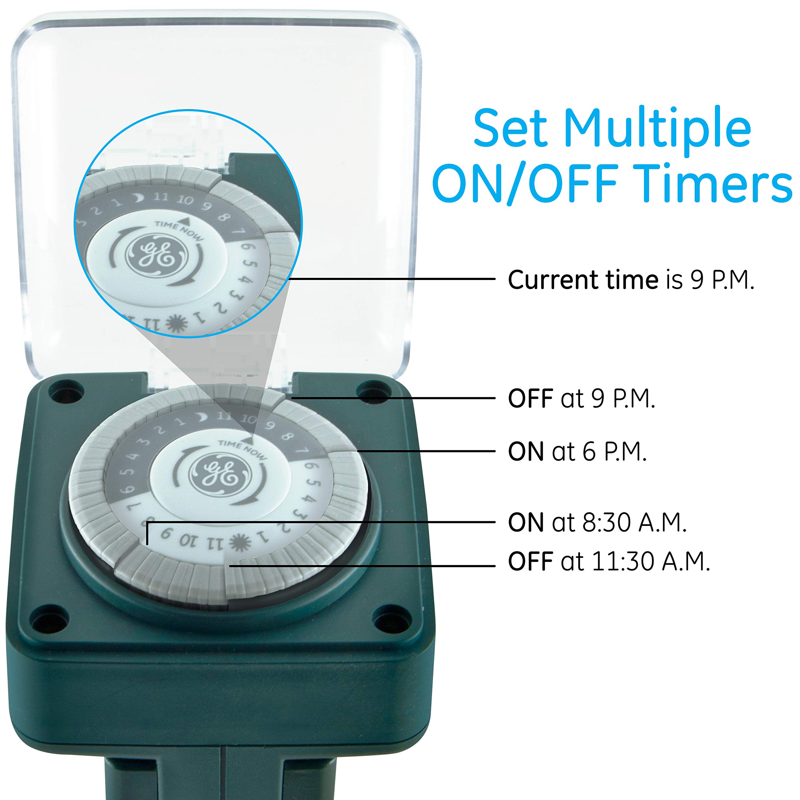 GE Outdoor 24-Hour Mechanical Stake Timer Plug-in, Heavy-Duty, 6 Grounded Outlets, Weather Resistant, 30-Minute Intervals, For Seasonal Lighting, String Lights, Pumps, Fountains, 29972 - Image 5