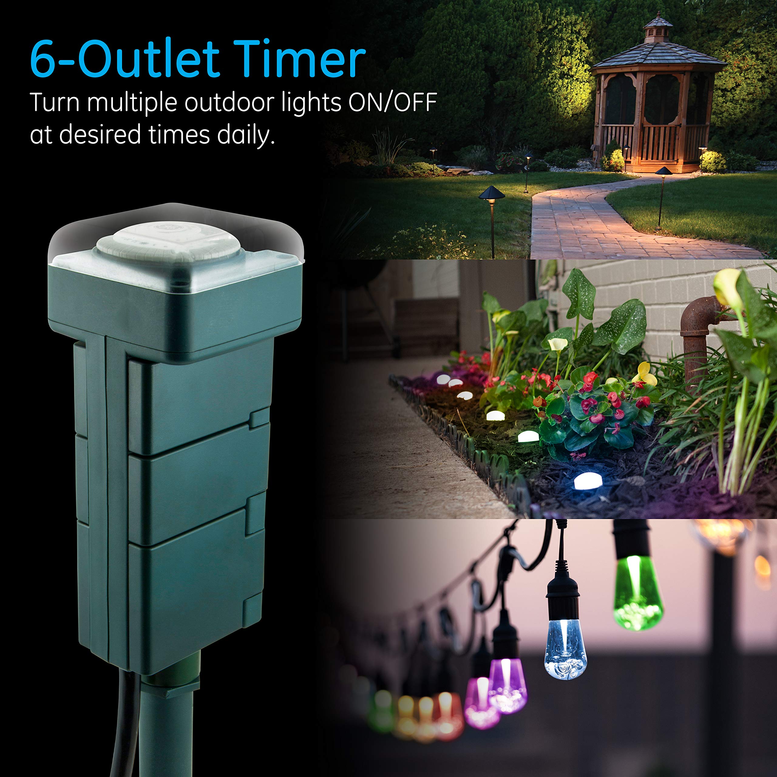 GE Outdoor 24-Hour Mechanical Stake Timer Plug-in, Heavy-Duty, 6 Grounded Outlets, Weather Resistant, 30-Minute Intervals, For Seasonal Lighting, String Lights, Pumps, Fountains, 29972 - Image 6