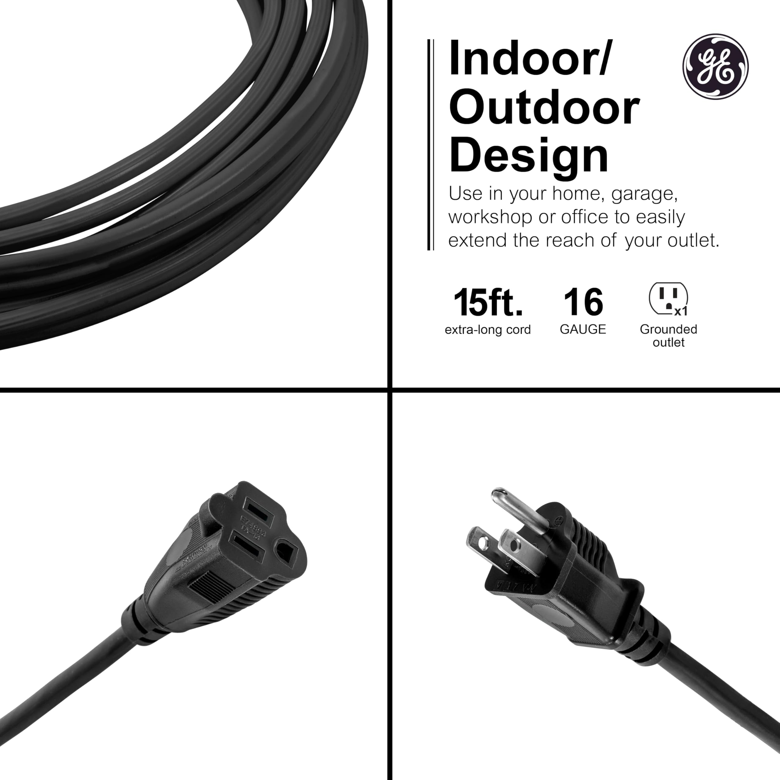 GE Outdoor Extension Cord, Heavy Duty 16AWG 3 Prong Extension Cord Outdoor, 13 Amp 15 Ft Long Power Cable, UL Listed, Black, 50369 - Image 2
