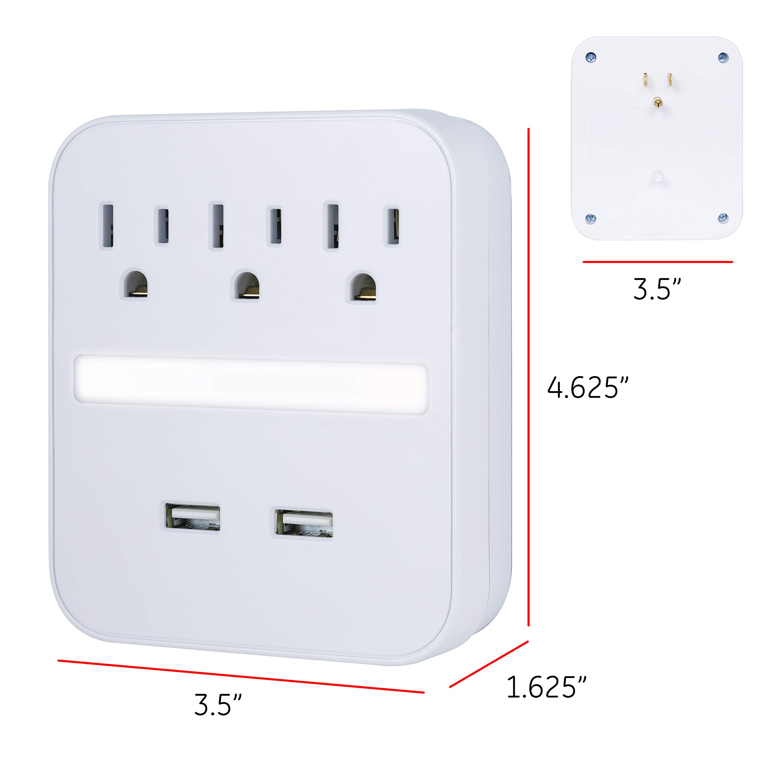 GE Pro 2-USB Port 3-Outlet with Night Light, Surge Protector, Charging Station, Dusk to Dawn Sensor, Automatic Shutdown, 3-Prong, 440 Joules, 2.4 AMP/12 Watt, UL Listed, White, 41628 - Image 4