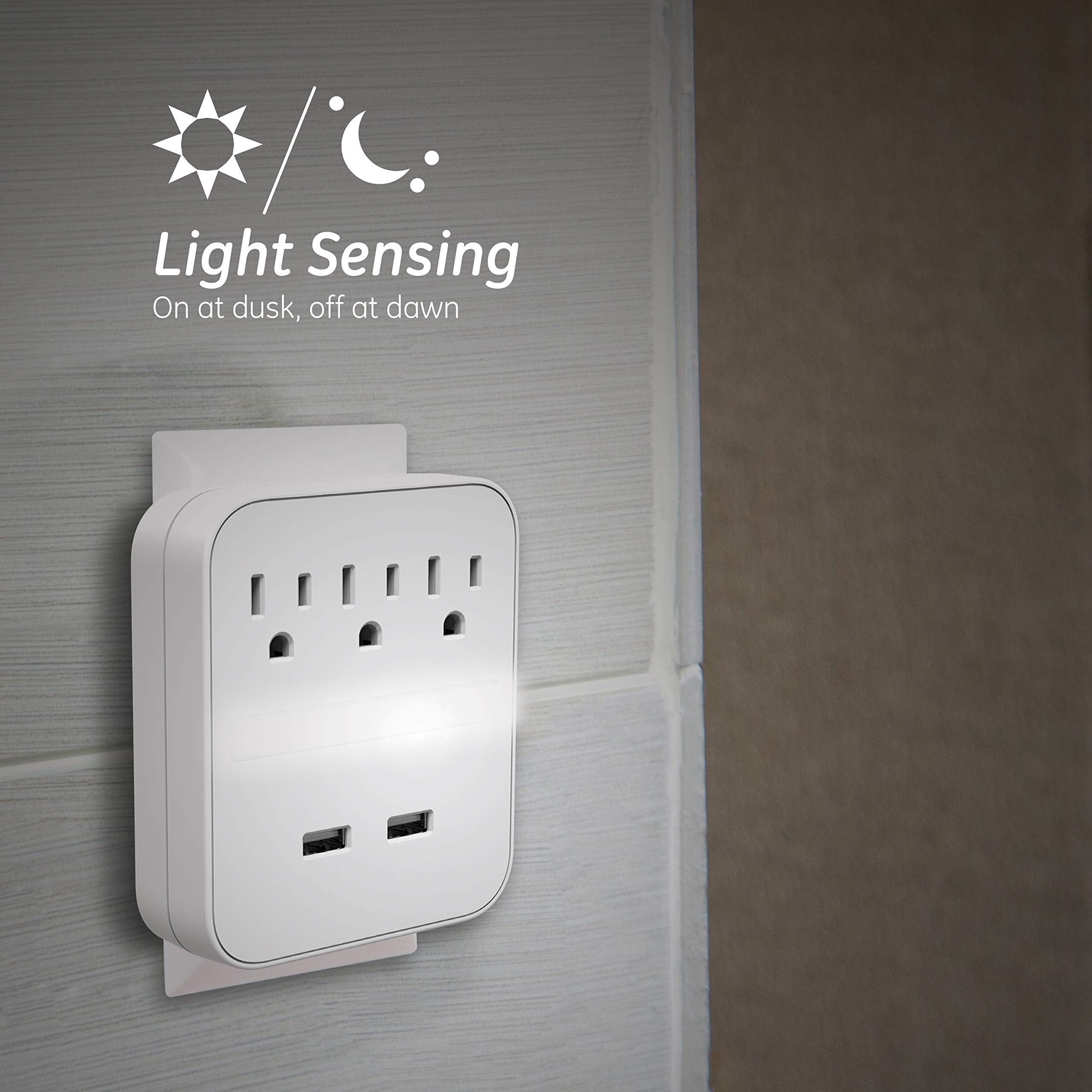 GE Pro 2-USB Port 3-Outlet with Night Light, Surge Protector, Charging Station, Dusk to Dawn Sensor, Automatic Shutdown, 3-Prong, 440 Joules, 2.4 AMP/12 Watt, UL Listed, White, 41628 - Image 5