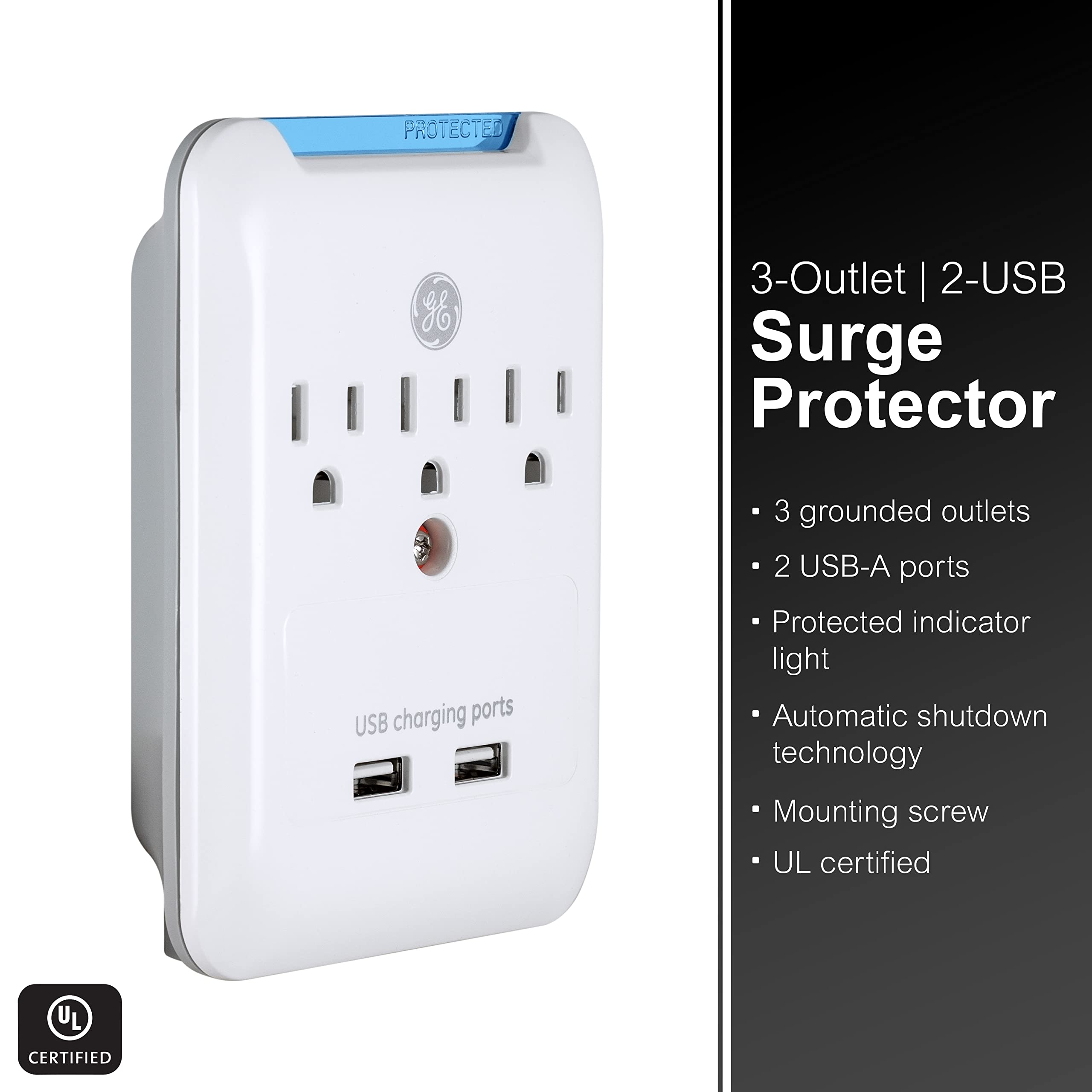 GE Pro 3-Outlet Extender with 2 USB Ports, Surge Protector, Charging Station Wall Tap, Protected Indicator LED, 3-Prong, 540 Joule, 2.4 AMP/10 Watt, UL Listed, White, 33646 - Image 2
