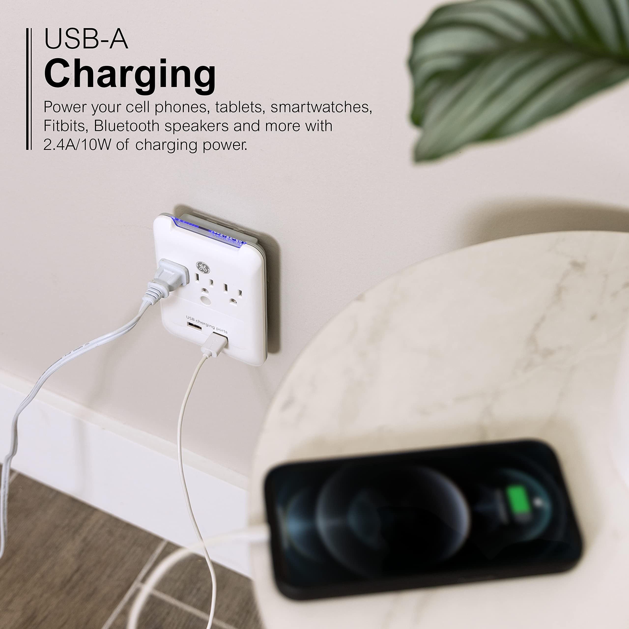 GE Pro 3-Outlet Extender with 2 USB Ports, Surge Protector, Charging Station Wall Tap, Protected Indicator LED, 3-Prong, 540 Joule, 2.4 AMP/10 Watt, UL Listed, White, 33646 - Image 3