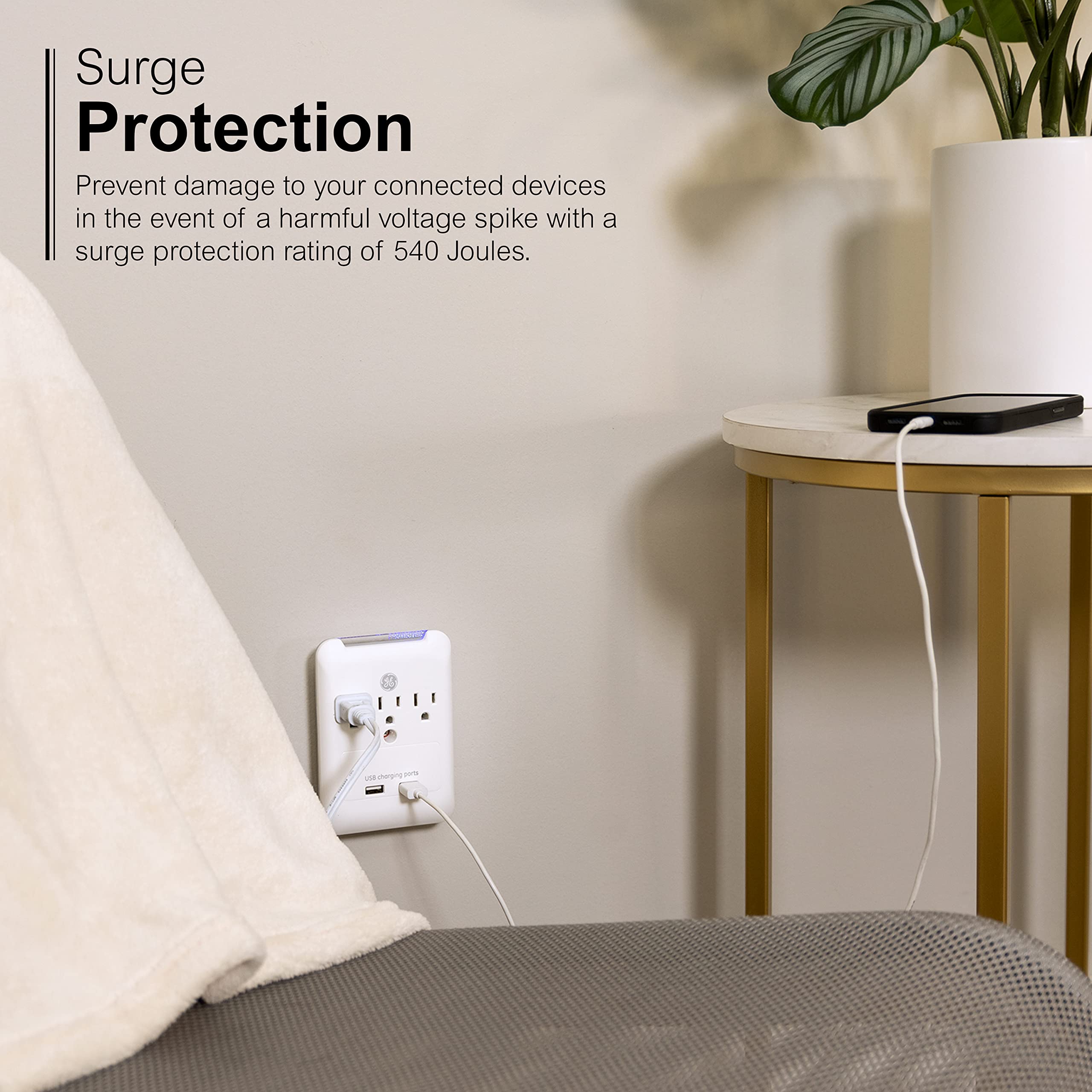 GE Pro 3-Outlet Extender with 2 USB Ports, Surge Protector, Charging Station Wall Tap, Protected Indicator LED, 3-Prong, 540 Joule, 2.4 AMP/10 Watt, UL Listed, White, 33646 - Image 4