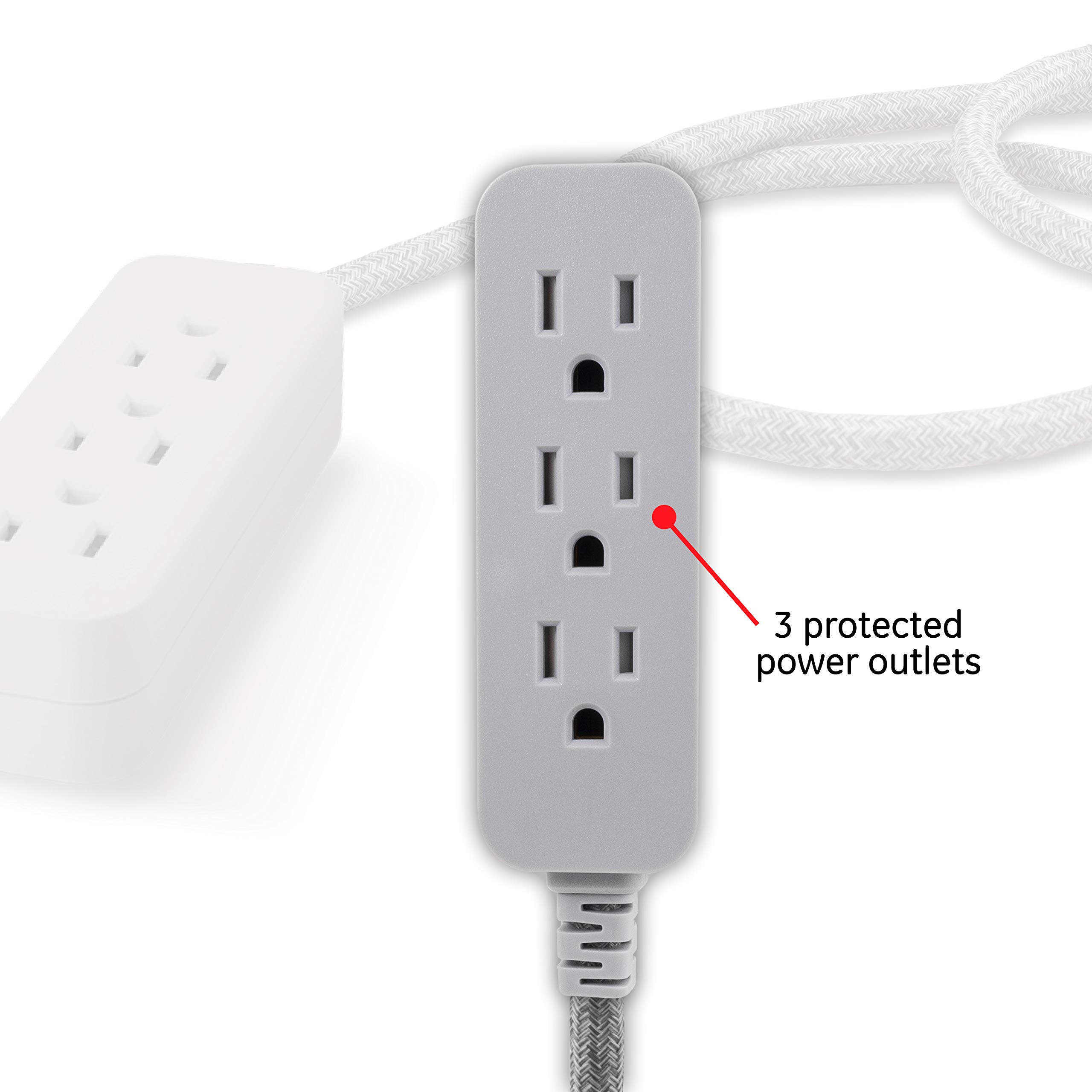 GE Pro 3 Outlet Surge Protector Power Strip, 15 Ft Designer Braided Extension Cord, Flat Plug, Wall Mount, Heather Gray, 45915 - Image 2