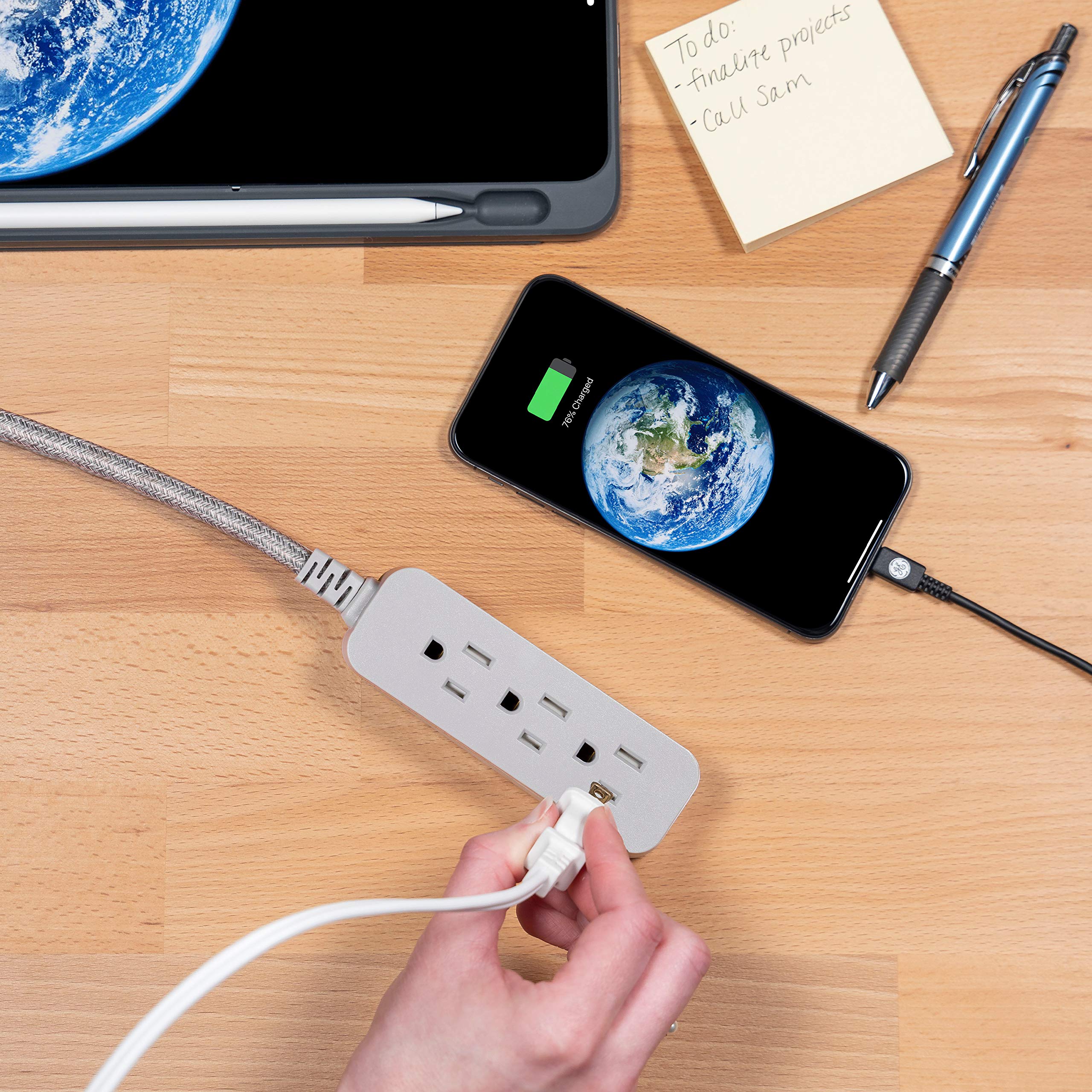 GE Pro 3 Outlet Surge Protector Power Strip, 15 Ft Designer Braided Extension Cord, Flat Plug, Wall Mount, Heather Gray, 45915 - Image 6