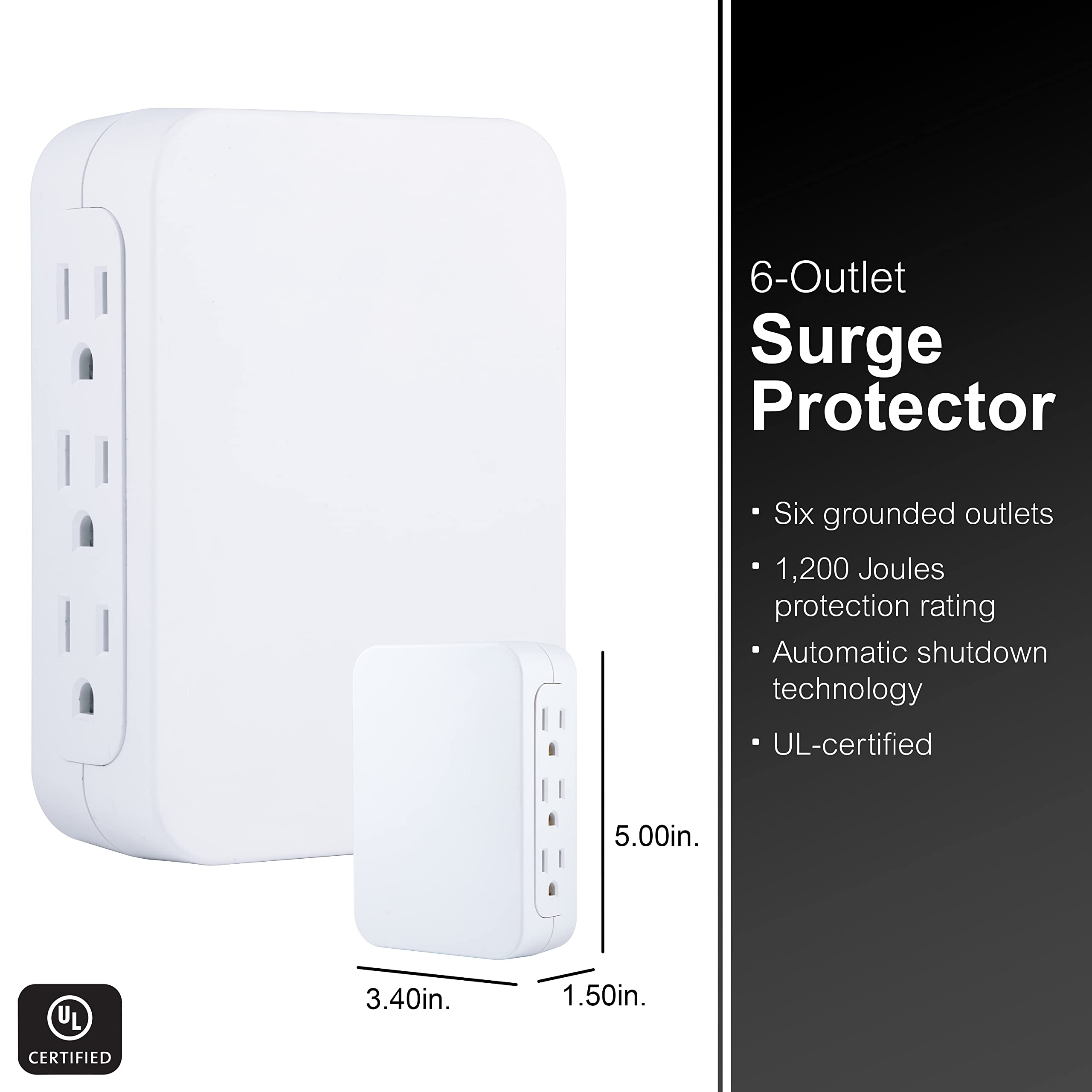 GE Pro 6-Outlet Extender, Surge Protector, Side Access, Wall Tap Adapter, 3-Prong, 1200 Joules, Warranty, UL Listed, White, 10353 - Image 2
