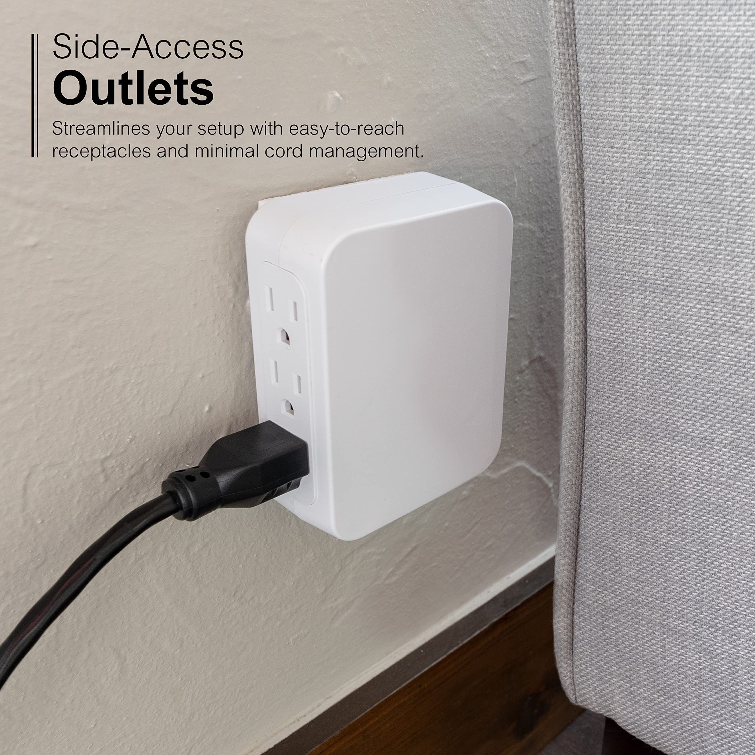 GE Pro 6-Outlet Extender, Surge Protector, Side Access, Wall Tap Adapter, 3-Prong, 1200 Joules, Warranty, UL Listed, White, 10353 - Image 4