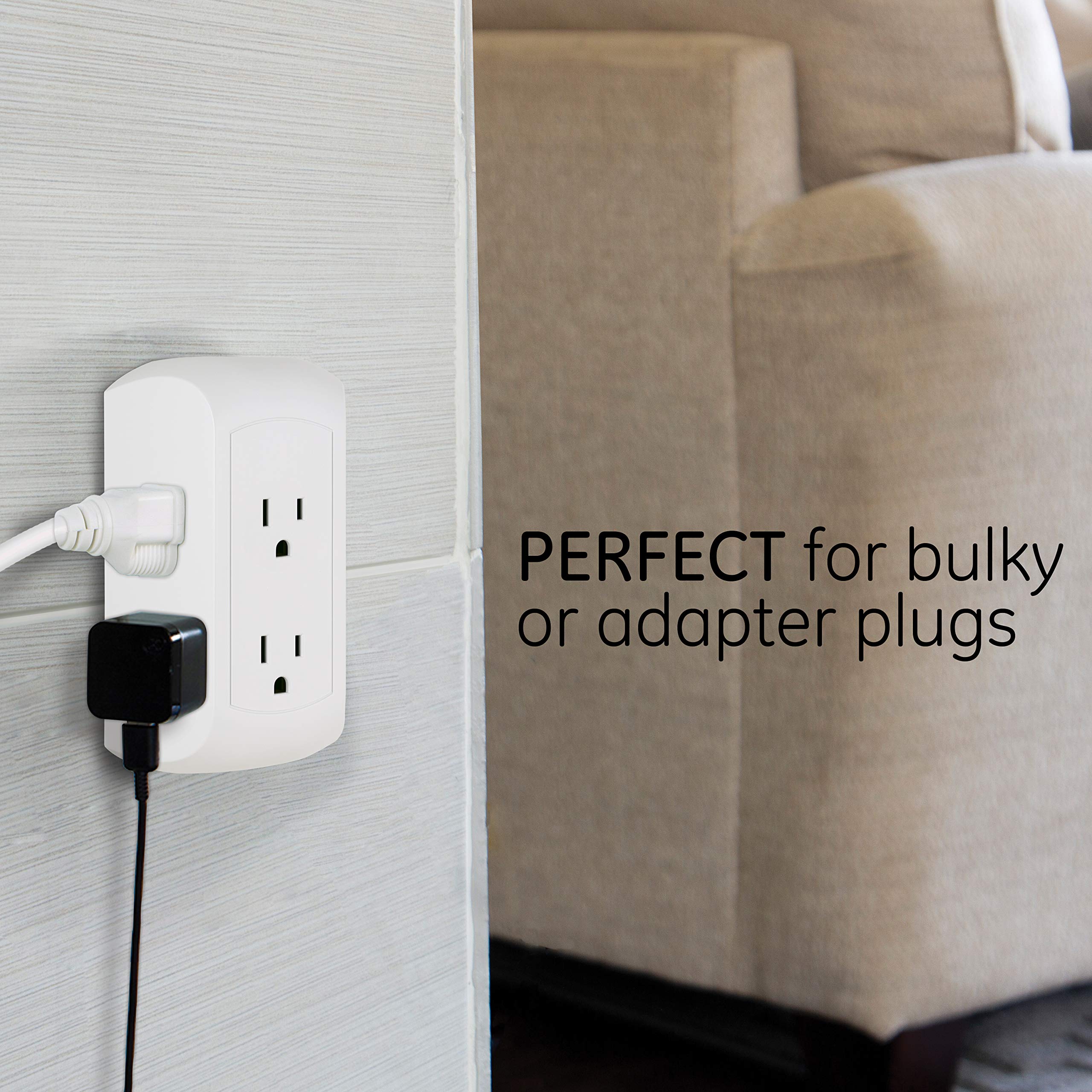 GE Pro 6-Outlet Extender, Surge Protector, Spaced Wall Tap, Side-Access, 3-Prong Power Strip, Charging Station, 560 Joules, UL Listed, White, 43648 - Image 4