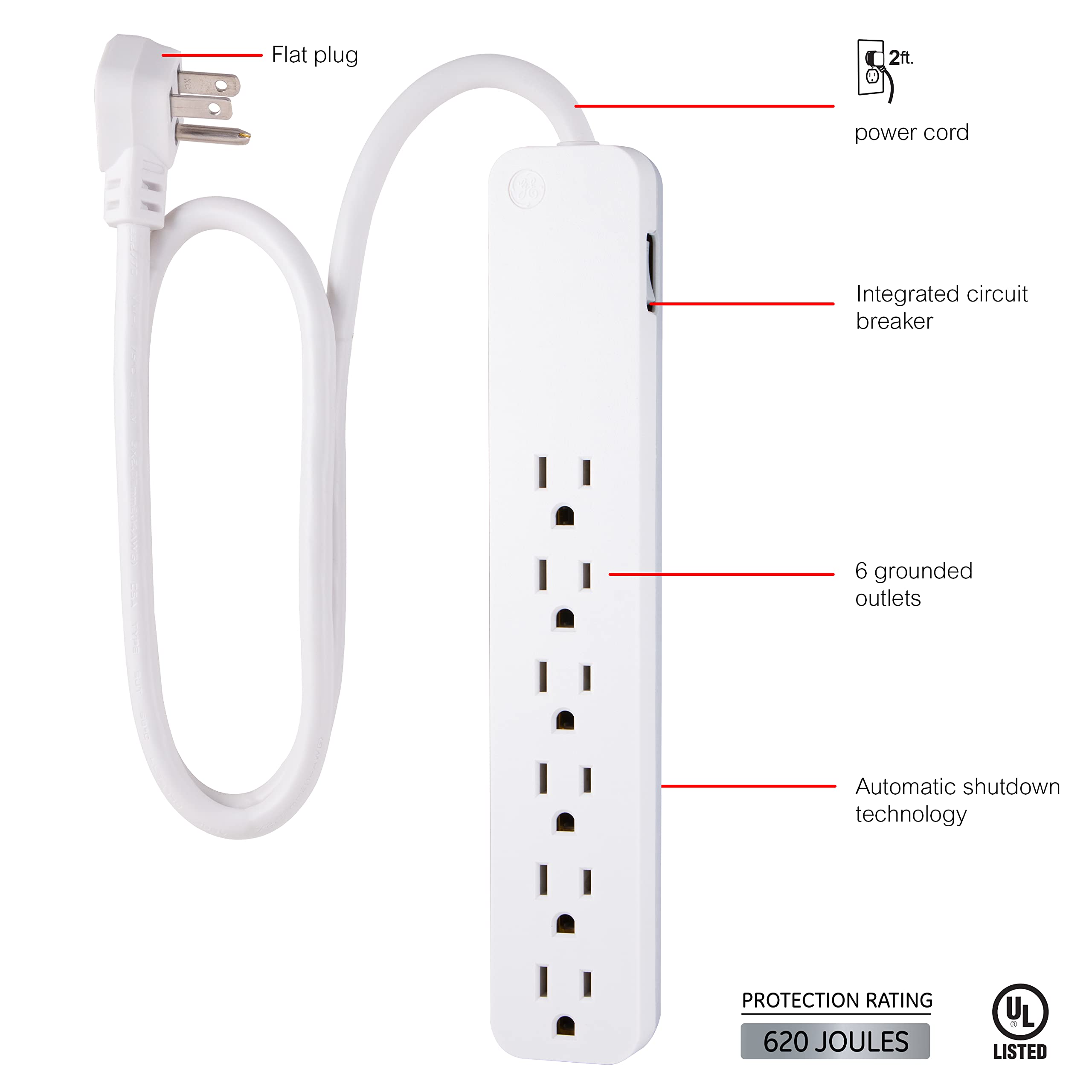 GE Pro 6-Outlet Surge Protector, 2 Ft Extension Cord, 620 Joules, Power Strip, Flat Plug, Integrated Circuit Breaker, Wall Mount, UL Listed, White, 40532 - Image 2