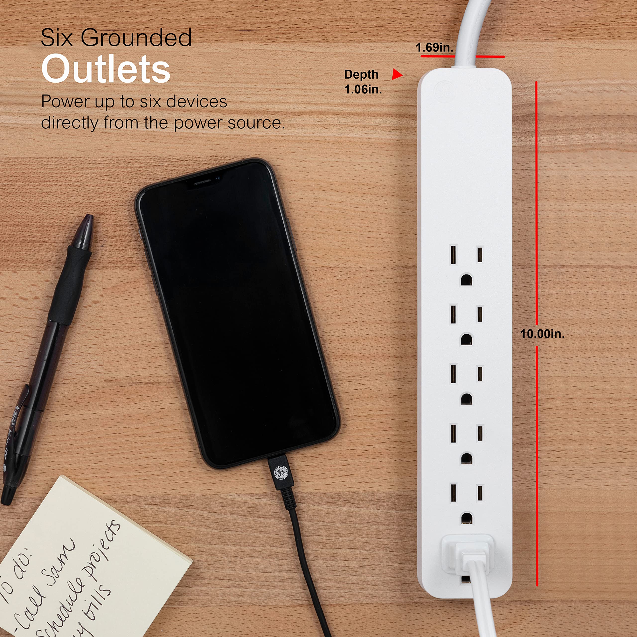 GE Pro 6-Outlet Surge Protector, 2 Ft Extension Cord, 620 Joules, Power Strip, Flat Plug, Integrated Circuit Breaker, Wall Mount, UL Listed, White, 40532 - Image 3