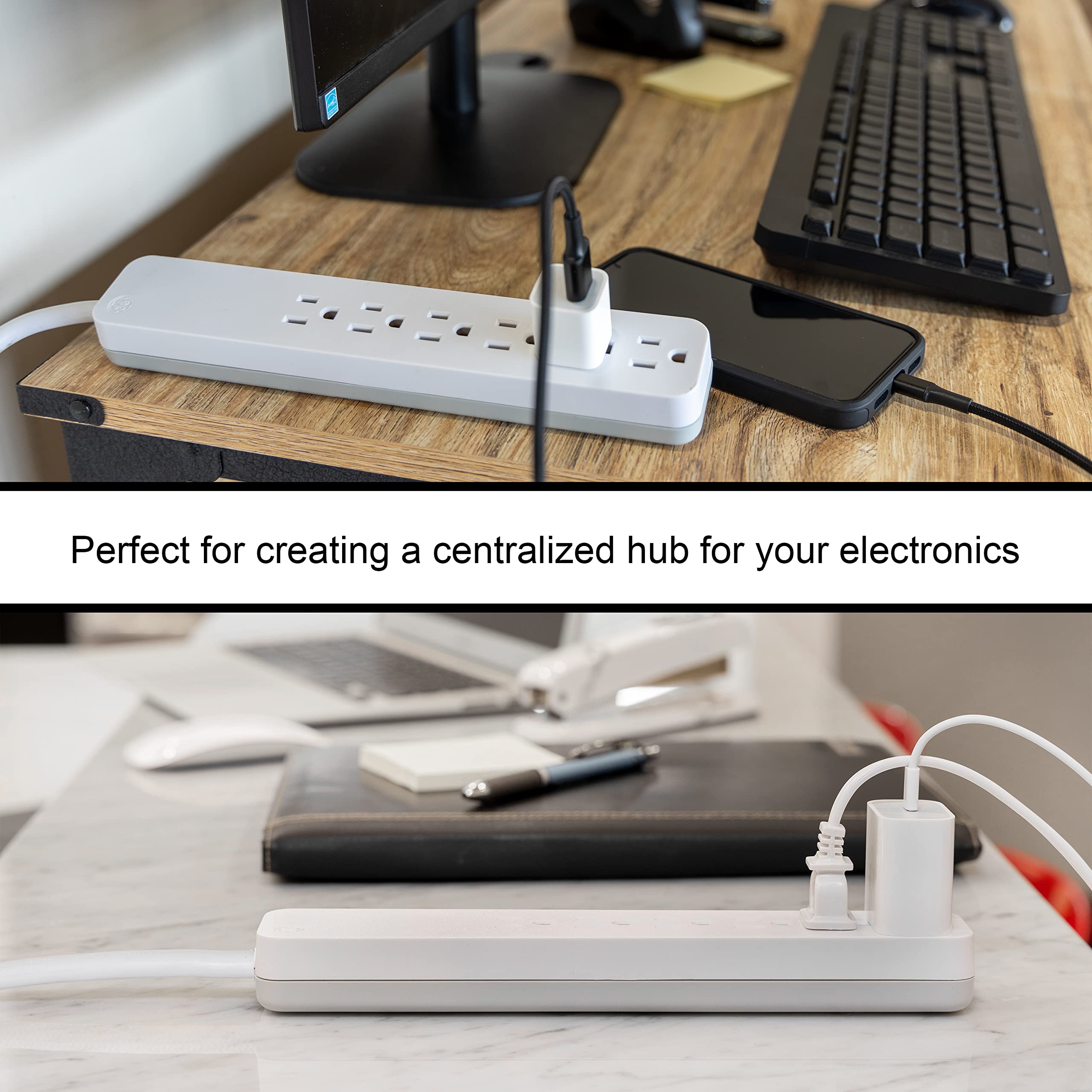 GE Pro 6-Outlet Surge Protector, 2 Ft Extension Cord, 620 Joules, Power Strip, Flat Plug, Integrated Circuit Breaker, Wall Mount, UL Listed, White, 40532 - Image 7