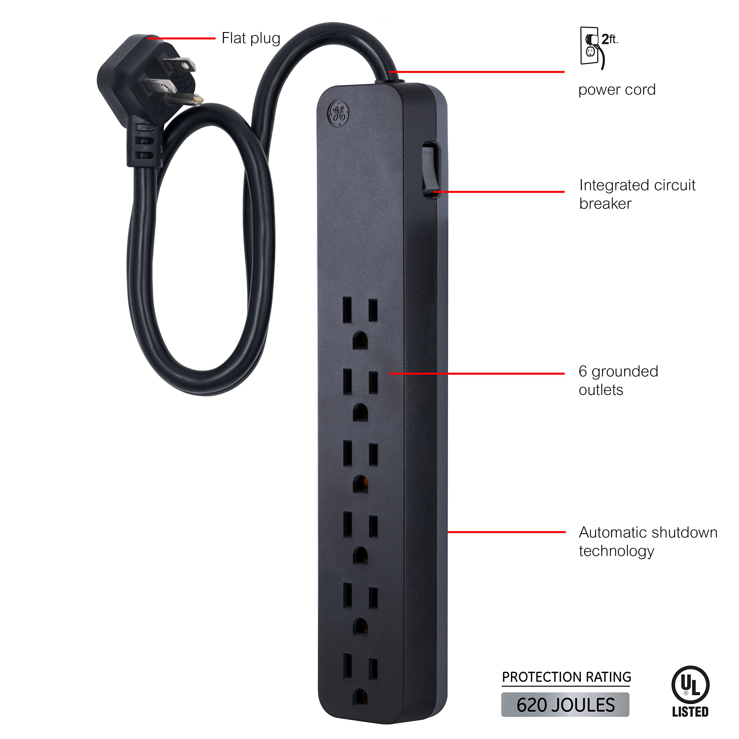 GE Pro 6 Outlet Surge Protector, 2 Ft Long Extension Cord, Power Strip, Flat Plug, Wall Mount, Black, 45170 - Image 2