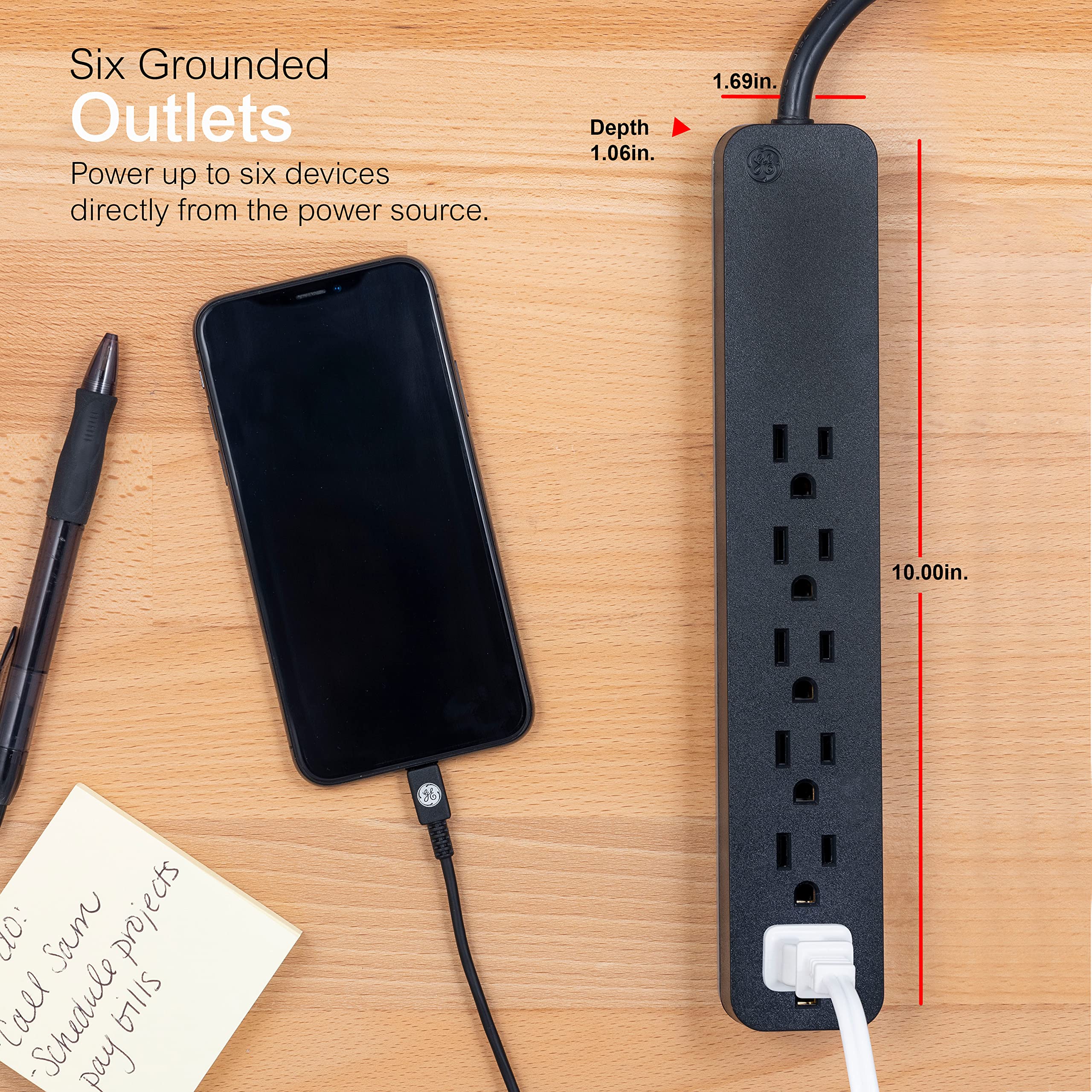 GE Pro 6 Outlet Surge Protector, 2 Ft Long Extension Cord, Power Strip, Flat Plug, Wall Mount, Black, 45170 - Image 4