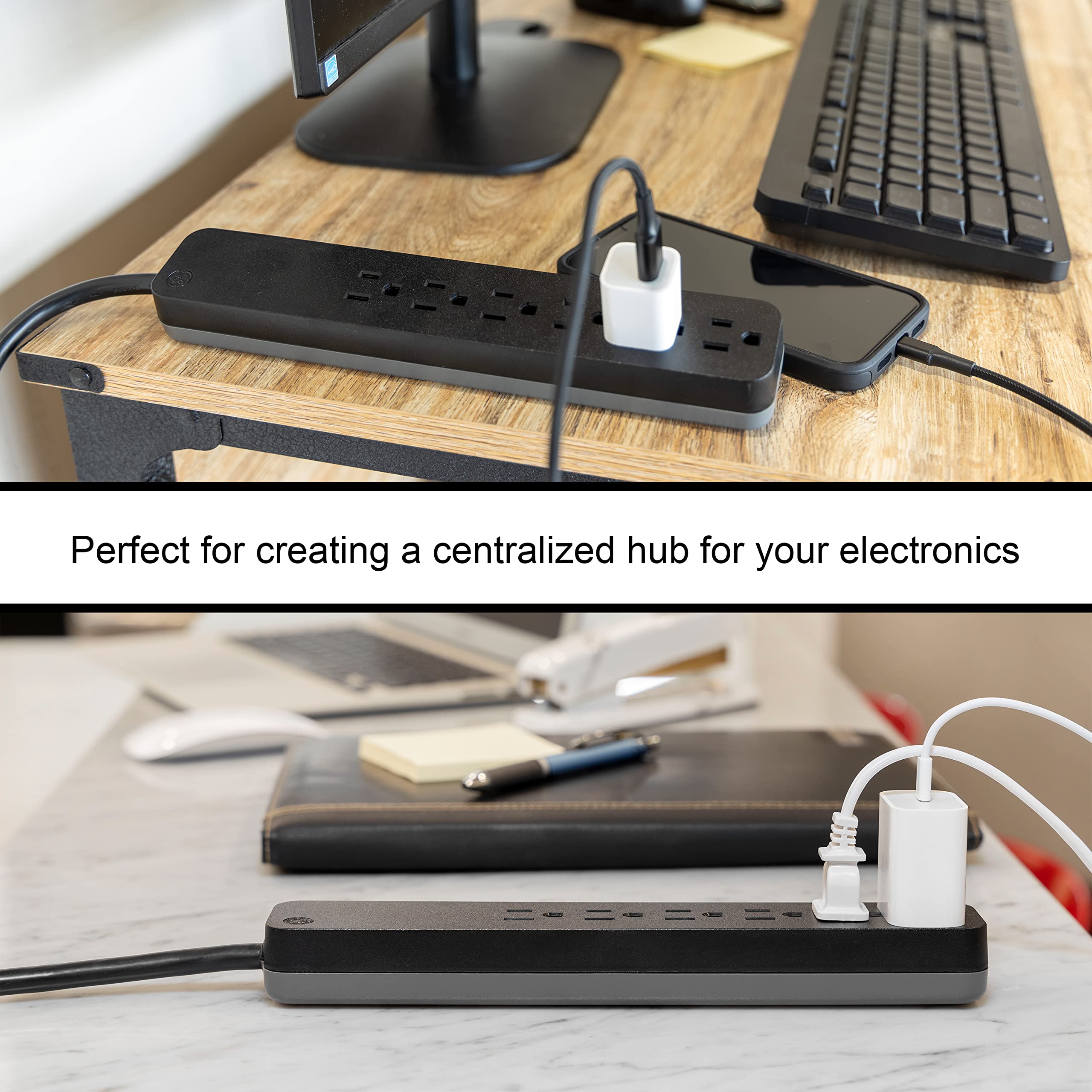 GE Pro 6 Outlet Surge Protector, 2 Ft Long Extension Cord, Power Strip, Flat Plug, Wall Mount, Black, 45170 - Image 7