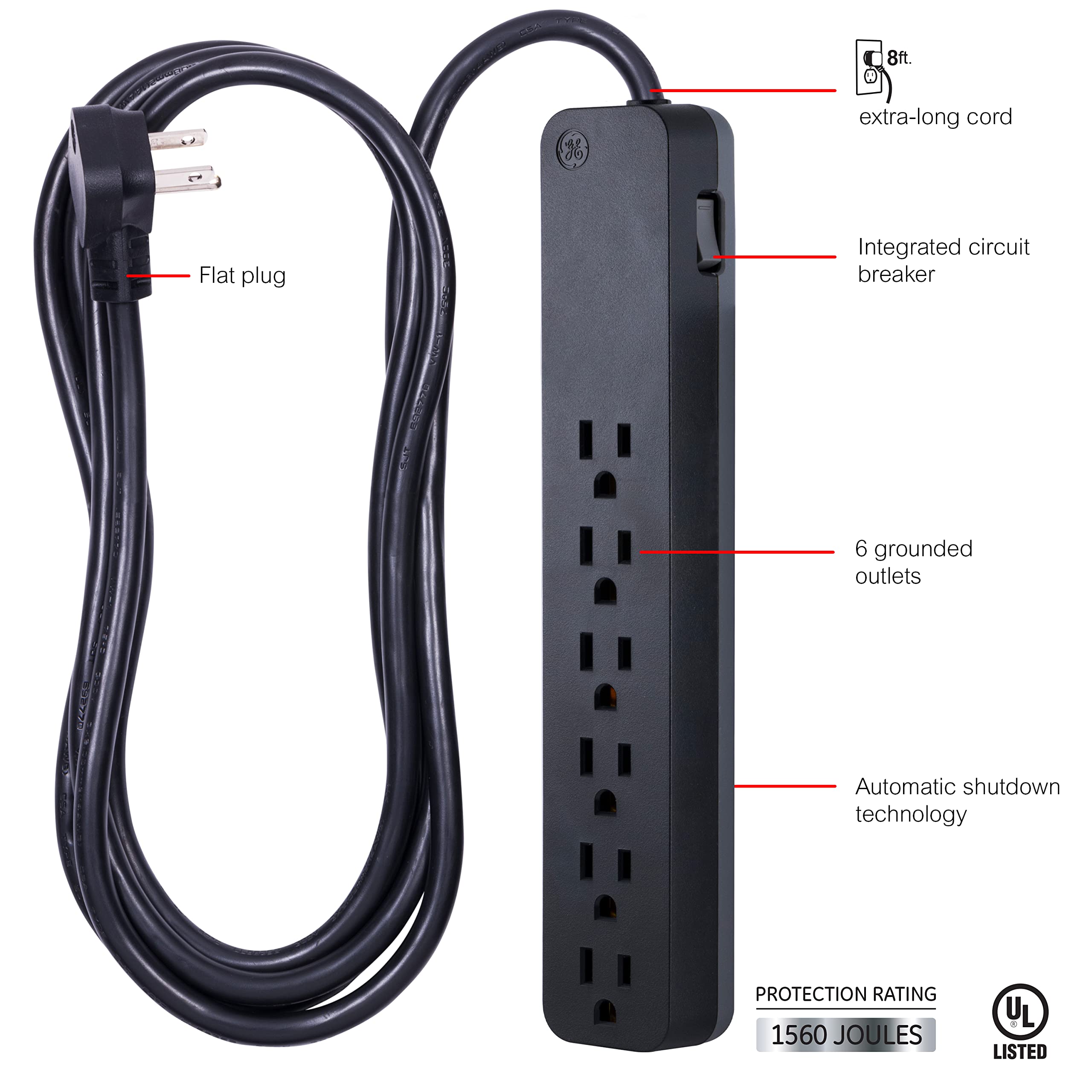 GE Pro 6-Outlet Surge Protector, 8 Ft Extension Cord, 1560 Joules, Power Strip, Flat Plug, Integrated Circuit Breaker, Wall Mount, UL Listed, Black, 37052 - Image 3