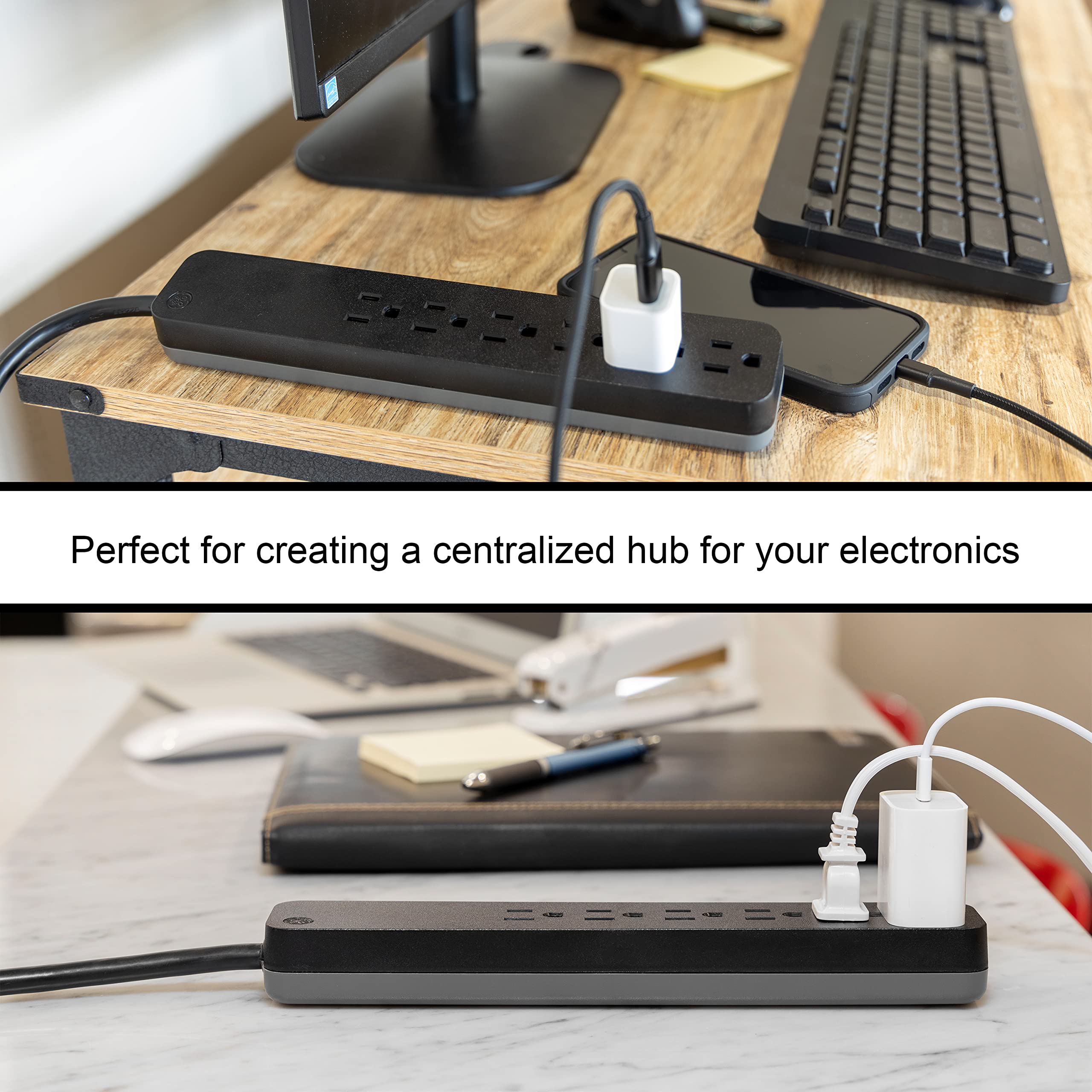 GE Pro 6-Outlet Surge Protector, 8 Ft Extension Cord, 1560 Joules, Power Strip, Flat Plug, Integrated Circuit Breaker, Wall Mount, UL Listed, Black, 37052 - Image 9