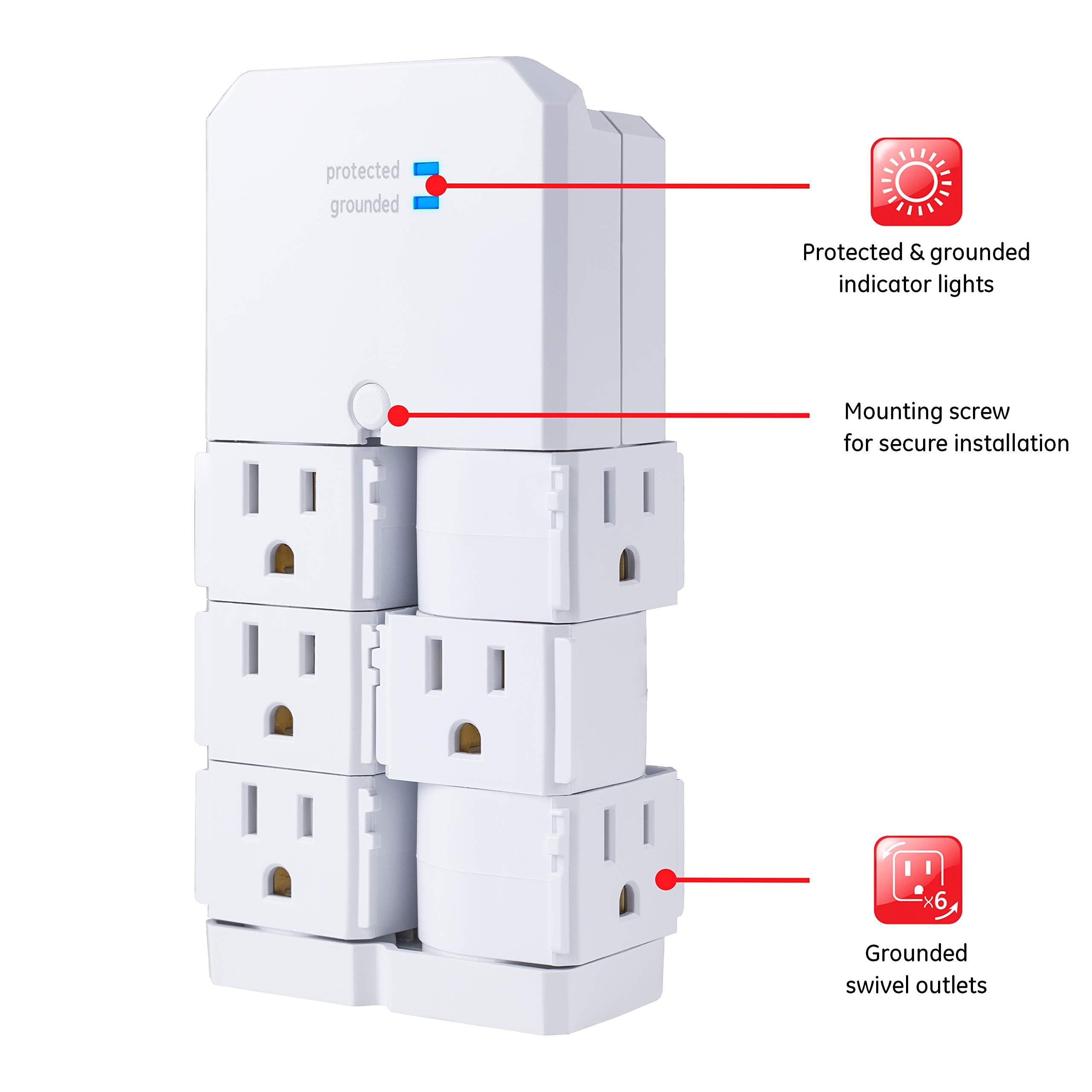 GE Pro 6-Outlet Surge Protector Tap with Swivel Outlets, White, 90 Degree Rotating Outlets, 1080 Joules, 37063 - Image 2