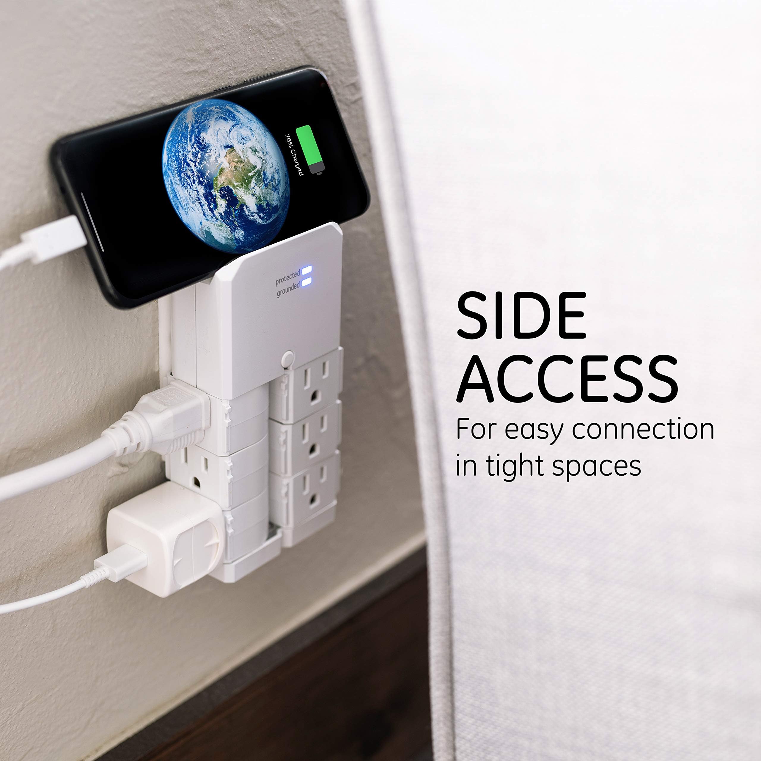 GE Pro 6-Outlet Surge Protector Tap with Swivel Outlets, White, 90 Degree Rotating Outlets, 1080 Joules, 37063 - Image 5