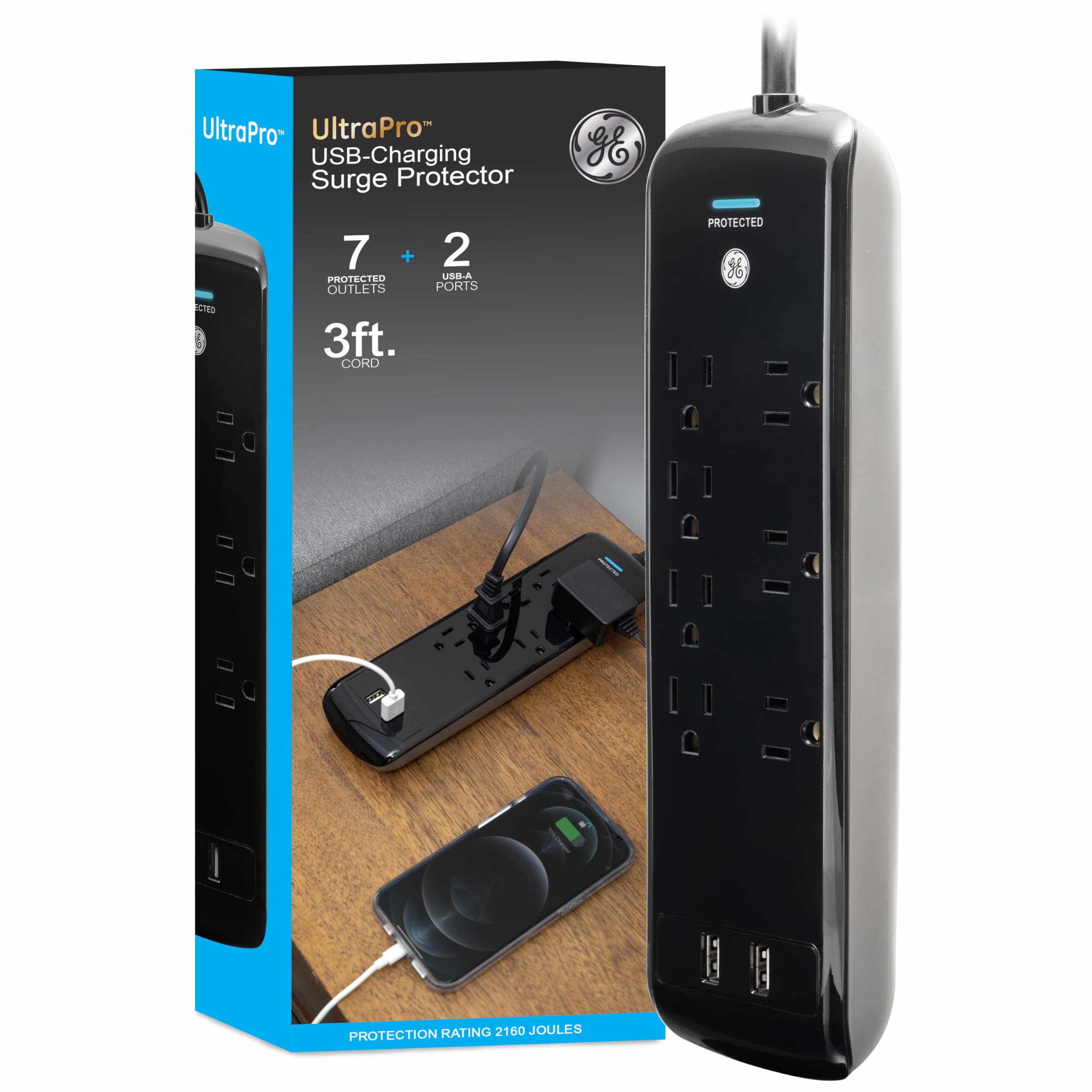GE Pro 7-Outlet Surge Protector, 2 USB Ports, 3 Ft Extension Cord, 1780 Joules, 2.1 AMP/10 Watt, 3 Adapter Spaced Outlets, Flat Plug, Wall Mount, Warranty, ETL Listed, Black, 37054