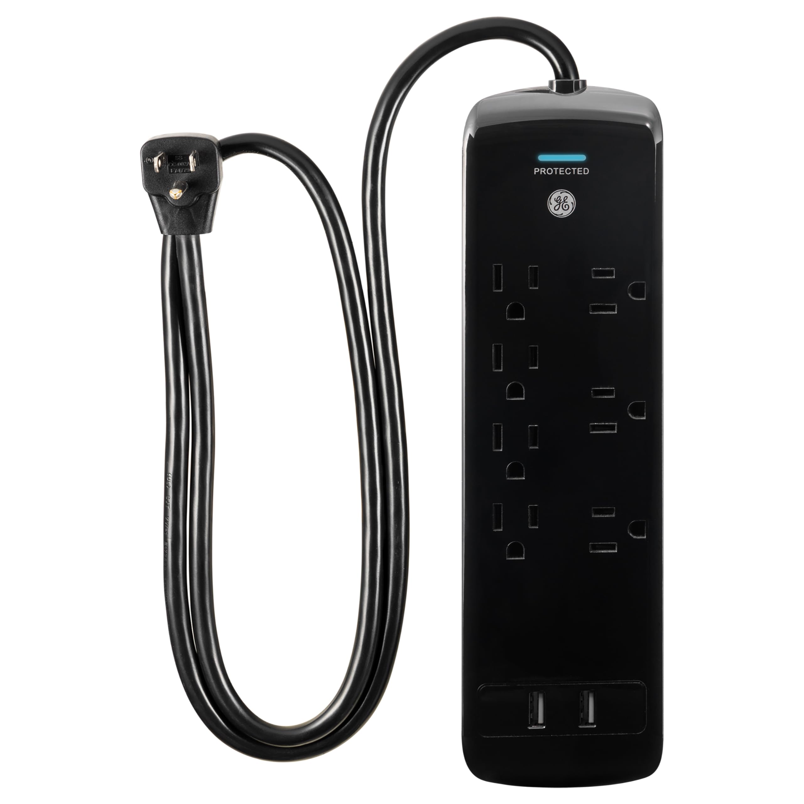 GE Pro 7-Outlet Surge Protector, 2 USB Ports, 3 Ft Extension Cord, 1780 Joules, 2.1 AMP/10 Watt, 3 Adapter Spaced Outlets, Flat Plug, Wall Mount, Warranty, ETL Listed, Black, 37054 - Image 2