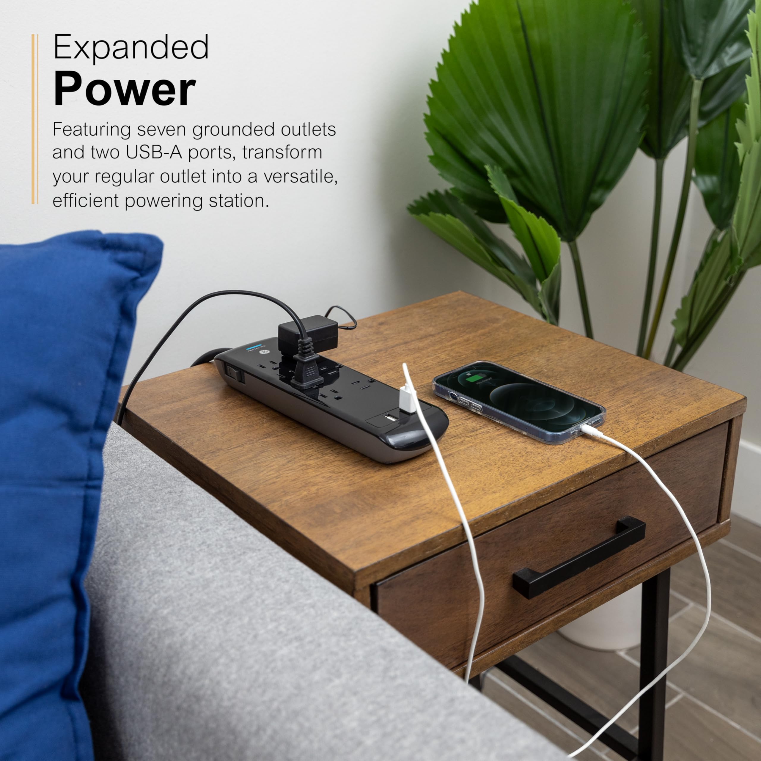 GE Pro 7-Outlet Surge Protector, 2 USB Ports, 3 Ft Extension Cord, 1780 Joules, 2.1 AMP/10 Watt, 3 Adapter Spaced Outlets, Flat Plug, Wall Mount, Warranty, ETL Listed, Black, 37054 - Image 3