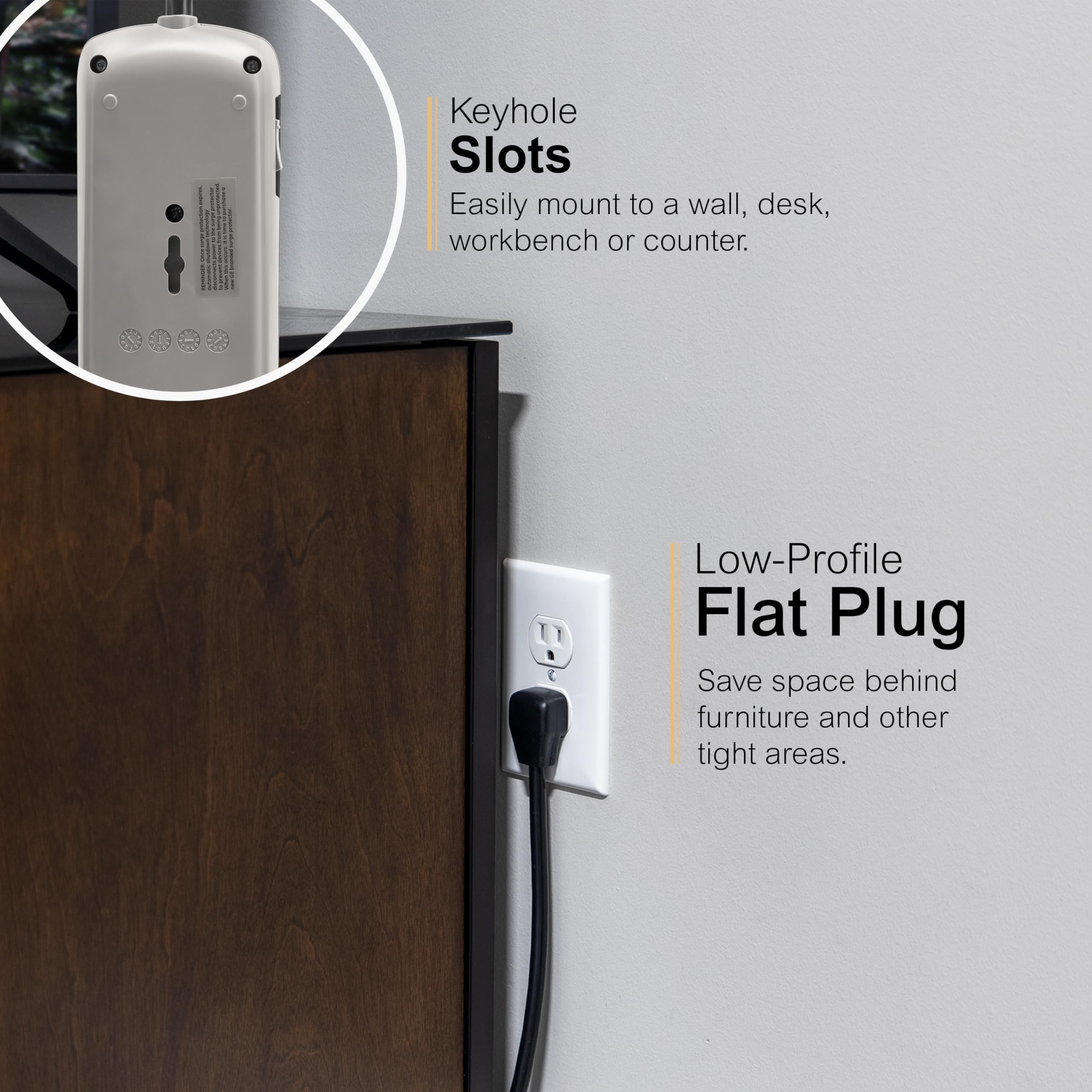 GE Pro 7-Outlet Surge Protector, 2 USB Ports, 3 Ft Extension Cord, 1780 Joules, 2.1 AMP/10 Watt, 3 Adapter Spaced Outlets, Flat Plug, Wall Mount, Warranty, ETL Listed, Black, 37054 - Image 4