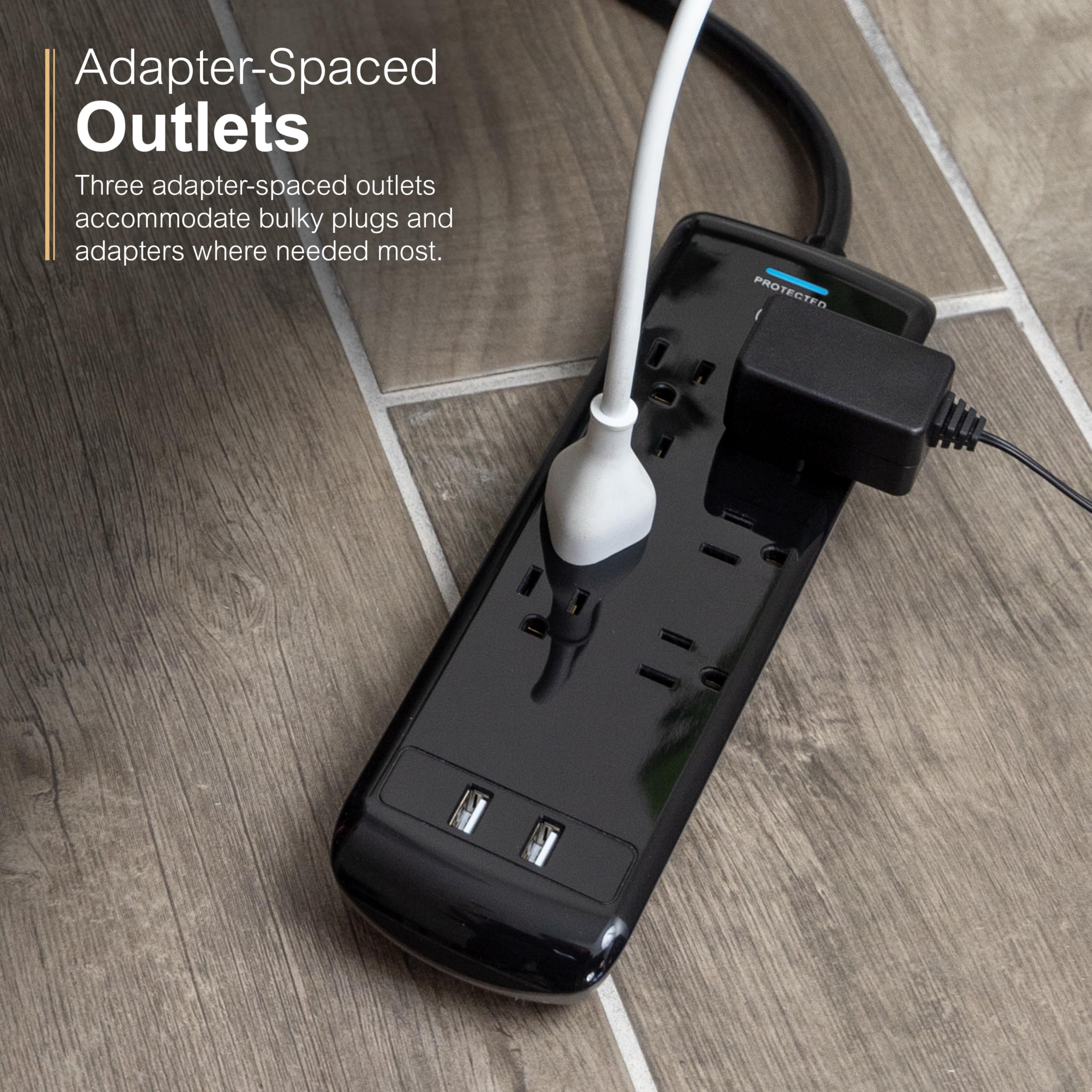 GE Pro 7-Outlet Surge Protector, 2 USB Ports, 3 Ft Extension Cord, 1780 Joules, 2.1 AMP/10 Watt, 3 Adapter Spaced Outlets, Flat Plug, Wall Mount, Warranty, ETL Listed, Black, 37054 - Image 5