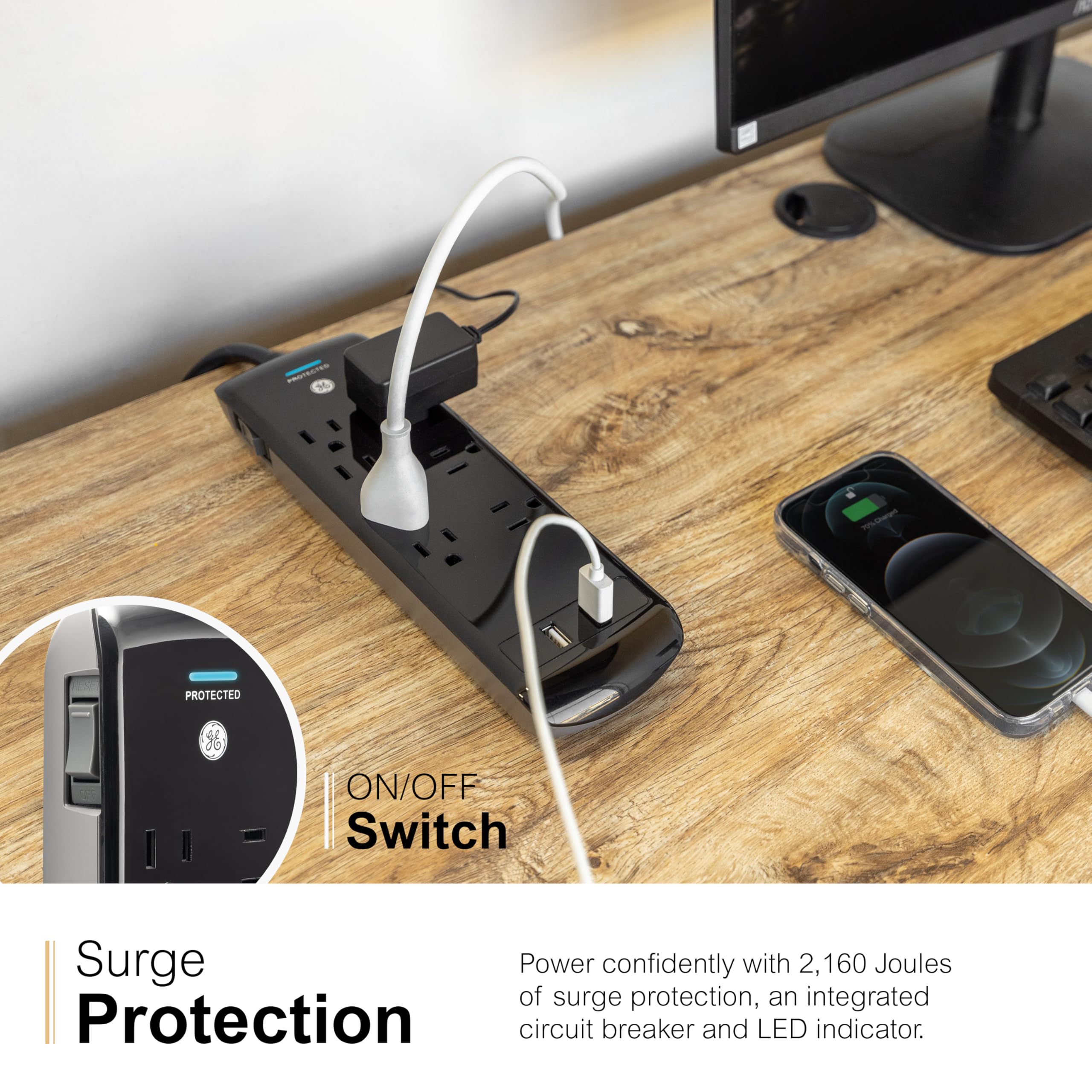 GE Pro 7-Outlet Surge Protector, 2 USB Ports, 3 Ft Extension Cord, 1780 Joules, 2.1 AMP/10 Watt, 3 Adapter Spaced Outlets, Flat Plug, Wall Mount, Warranty, ETL Listed, Black, 37054 - Image 6