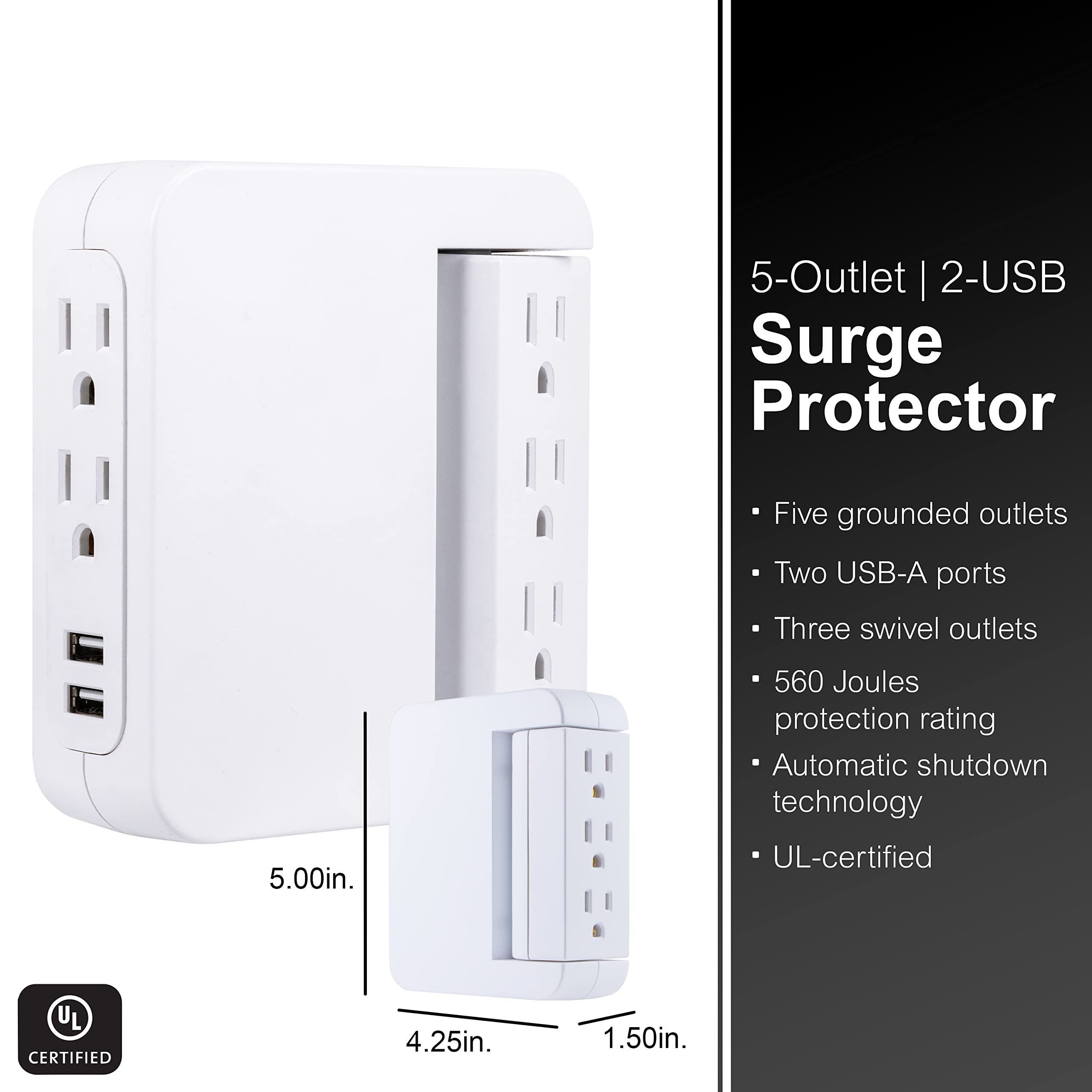 GE Pro Side-Access Swivel Surge Protector, 5-Outlet Extender with 2 USB Ports, Wall Tap Adapter, Charging Station, 3-Prong, 560 Joules, 2.4 AMP/12 Watt, UL Listed, White, 39429 - Image 3