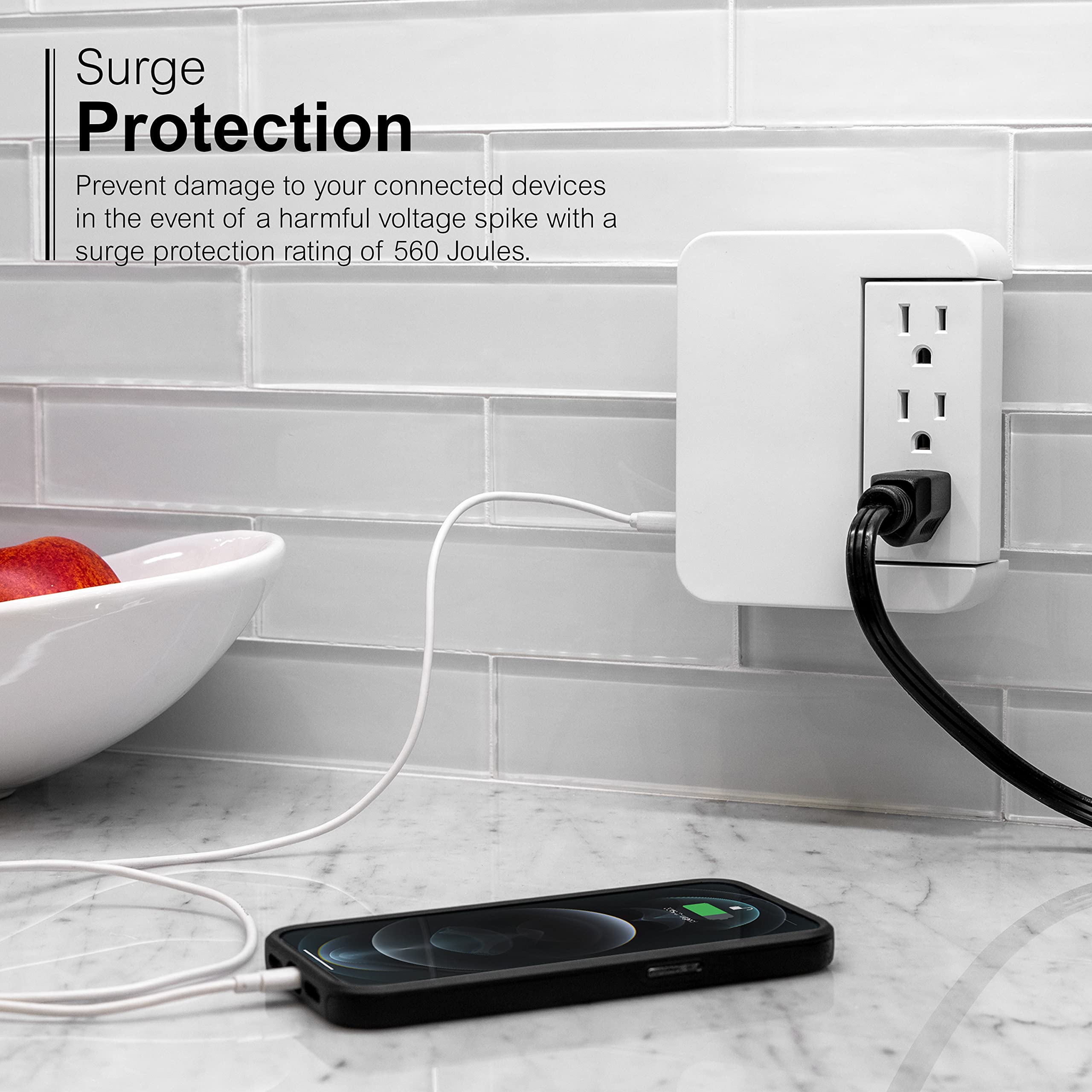 GE Pro Side-Access Swivel Surge Protector, 5-Outlet Extender with 2 USB Ports, Wall Tap Adapter, Charging Station, 3-Prong, 560 Joules, 2.4 AMP/12 Watt, UL Listed, White, 39429 - Image 4