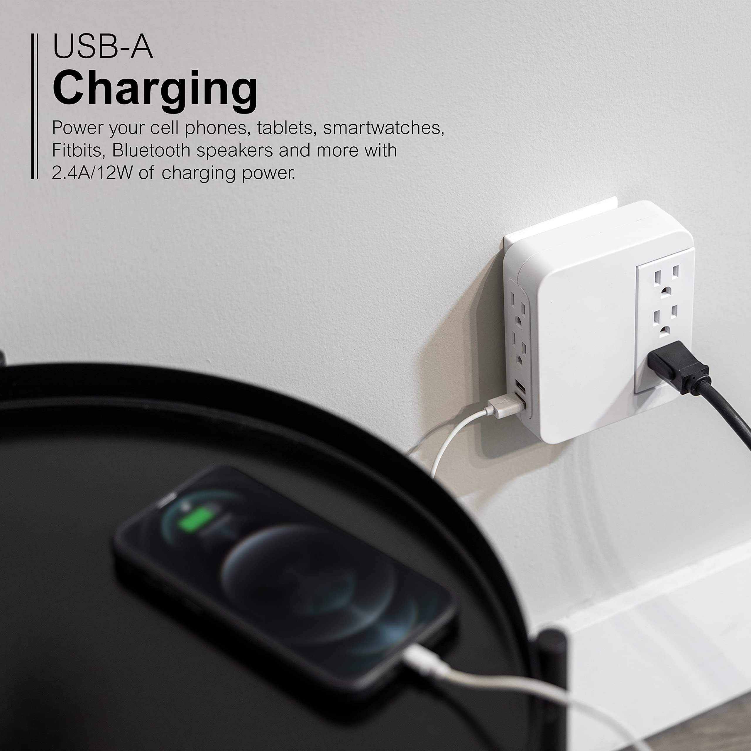 GE Pro Side-Access Swivel Surge Protector, 5-Outlet Extender with 2 USB Ports, Wall Tap Adapter, Charging Station, 3-Prong, 560 Joules, 2.4 AMP/12 Watt, UL Listed, White, 39429 - Image 6