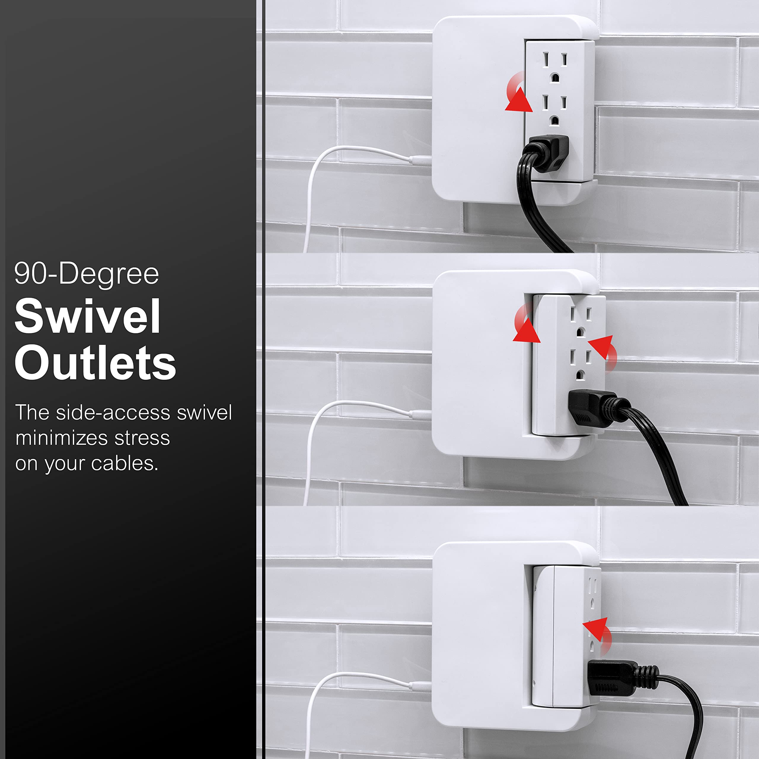GE Pro Side-Access Swivel Surge Protector, 5-Outlet Extender with 2 USB Ports, Wall Tap Adapter, Charging Station, 3-Prong, 560 Joules, 2.4 AMP/12 Watt, UL Listed, White, 39429 - Image 7