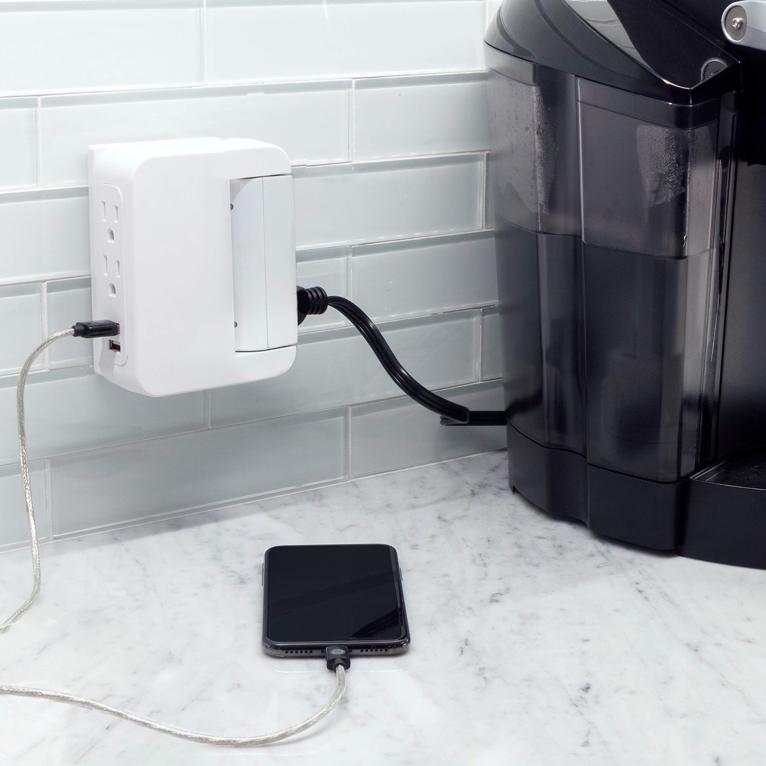 GE Pro Side-Access Swivel Surge Protector, 5-Outlet Extender with 2 USB Ports, Wall Tap Adapter, Charging Station, 3-Prong, 560 Joules, 2.4 AMP/12 Watt, UL Listed, White, 39429 - Image 8
