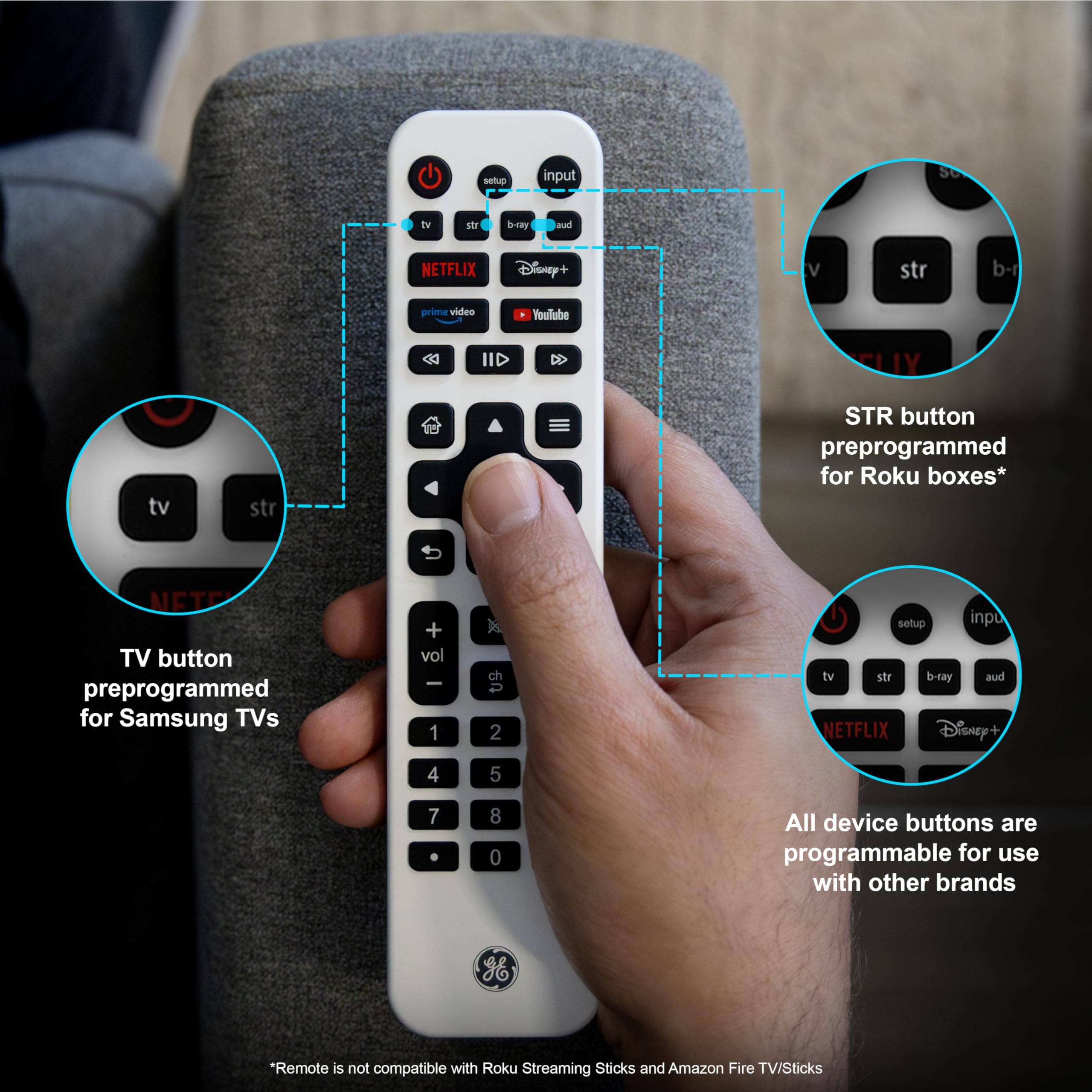 GE Rechargeable TV Remote Control, Universal Remote Control, Backlit Buttons, Samsung TV Remote Control Replacement for Smart TVs, Apple TV, Sony, Roku Replacement Remote, LG TV, 4-Device, 80984 - Image 6