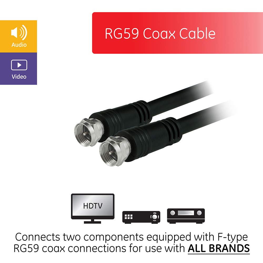 GE RG59 Coaxial Cable, 6 ft. (1.8m) F-Type Connectors, Dual Shield Coax, Input/Output, Low Loss, Ideal for TV Antenna, DVR, VCR, Satellite Receiver, Cable Box, Black, 23217 - Image 2