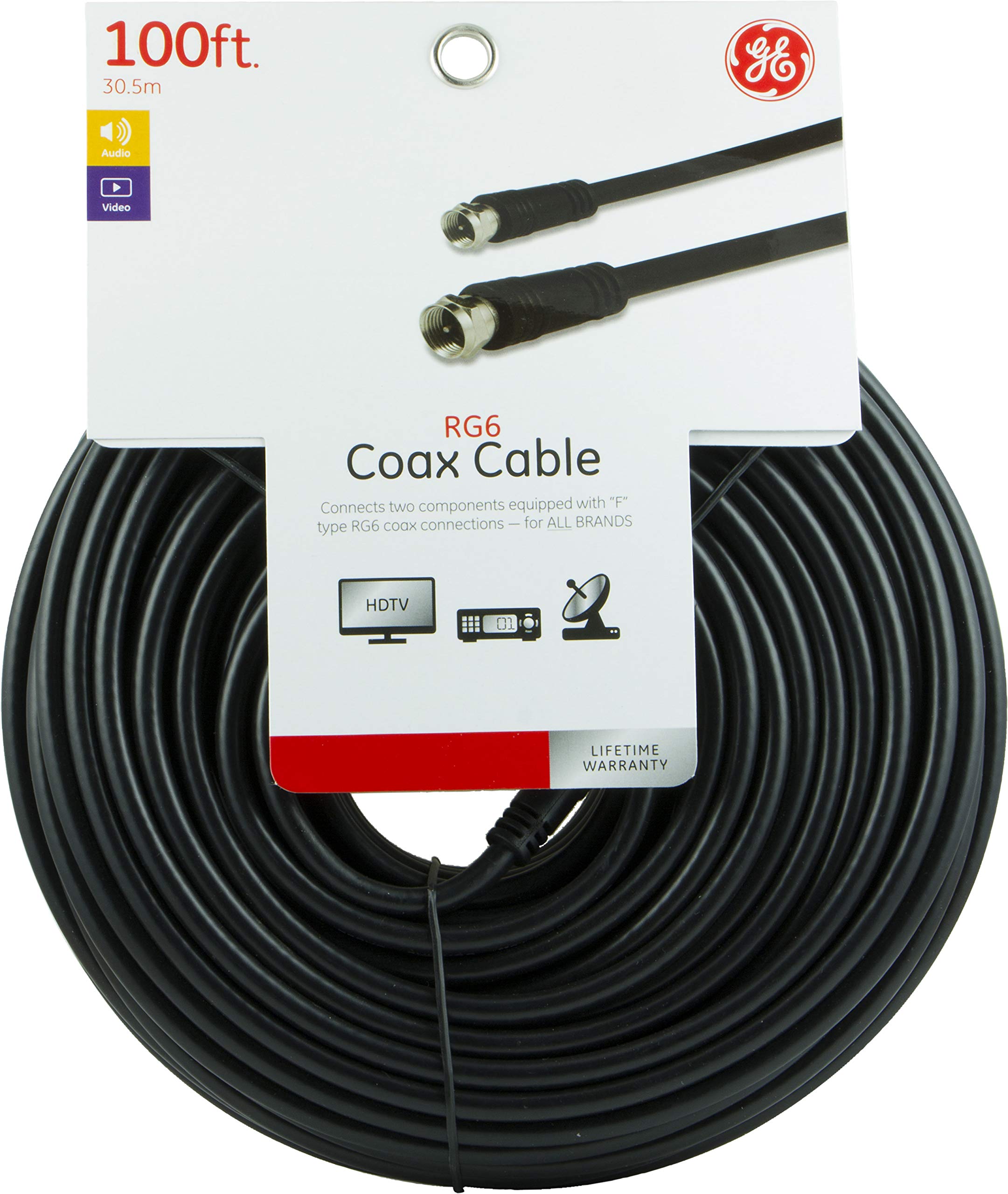 GE RG6 Coaxial Cable, 100 ft. F-Type Connectors, Double Shielded Coax, Input Output, Low Loss Coax, Ideal for TV Antenna, DVR, VCR, Satellite Receiver, Cable Box, Home Theater, Black, 33601 - Image 5