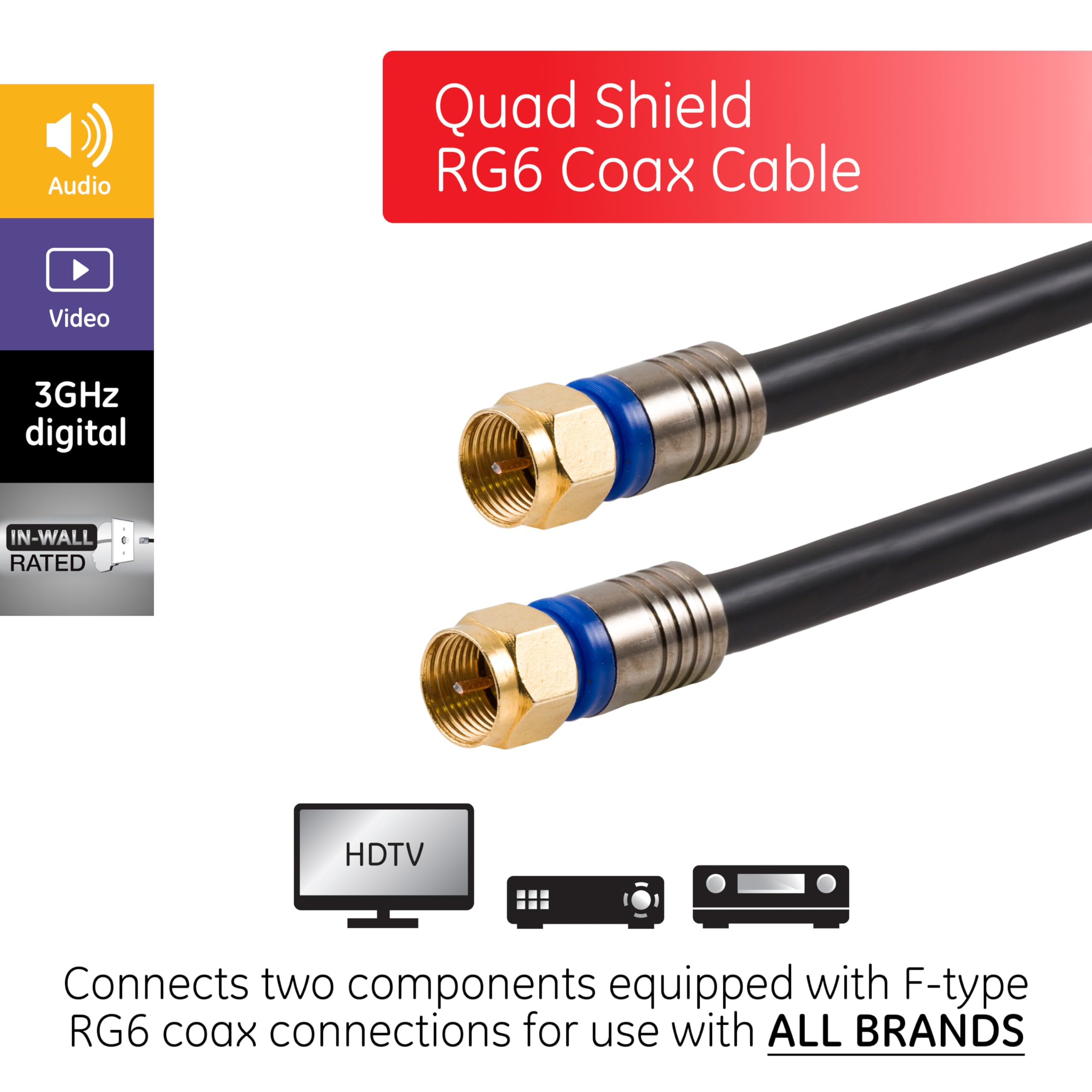 GE RG6 Coaxial Cable, 50 ft. F-Type Connectors, Quad Shielded Coax Cable, 3 GHz Digital, in-Wall Rated, Ideal for TV Antenna, DVR, VCR, Satellite, Cable Box, Home Theater, Black, 33532 - Image 2