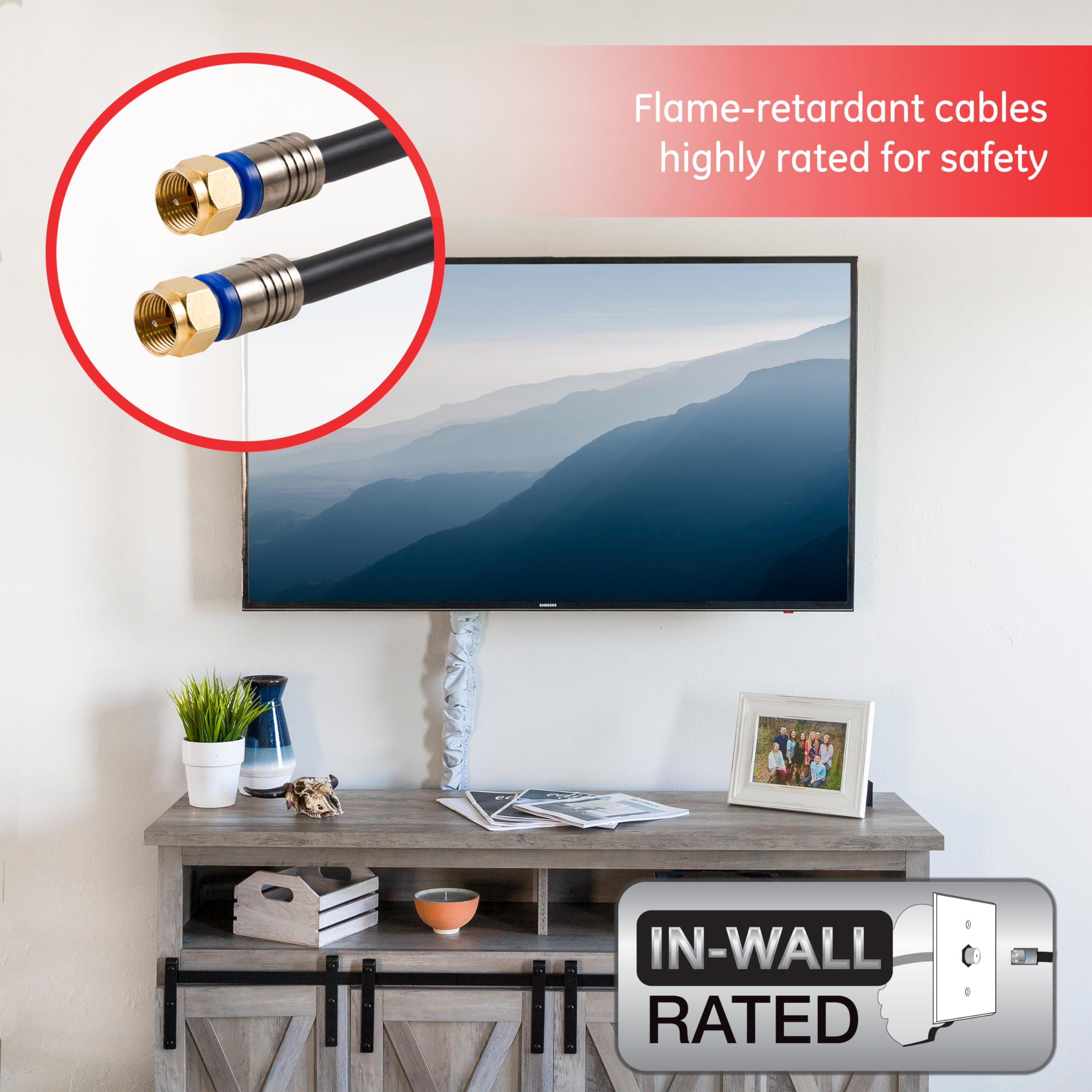 GE RG6 Coaxial Cable, 50 ft. F-Type Connectors, Quad Shielded Coax Cable, 3 GHz Digital, in-Wall Rated, Ideal for TV Antenna, DVR, VCR, Satellite, Cable Box, Home Theater, Black, 33532 - Image 4