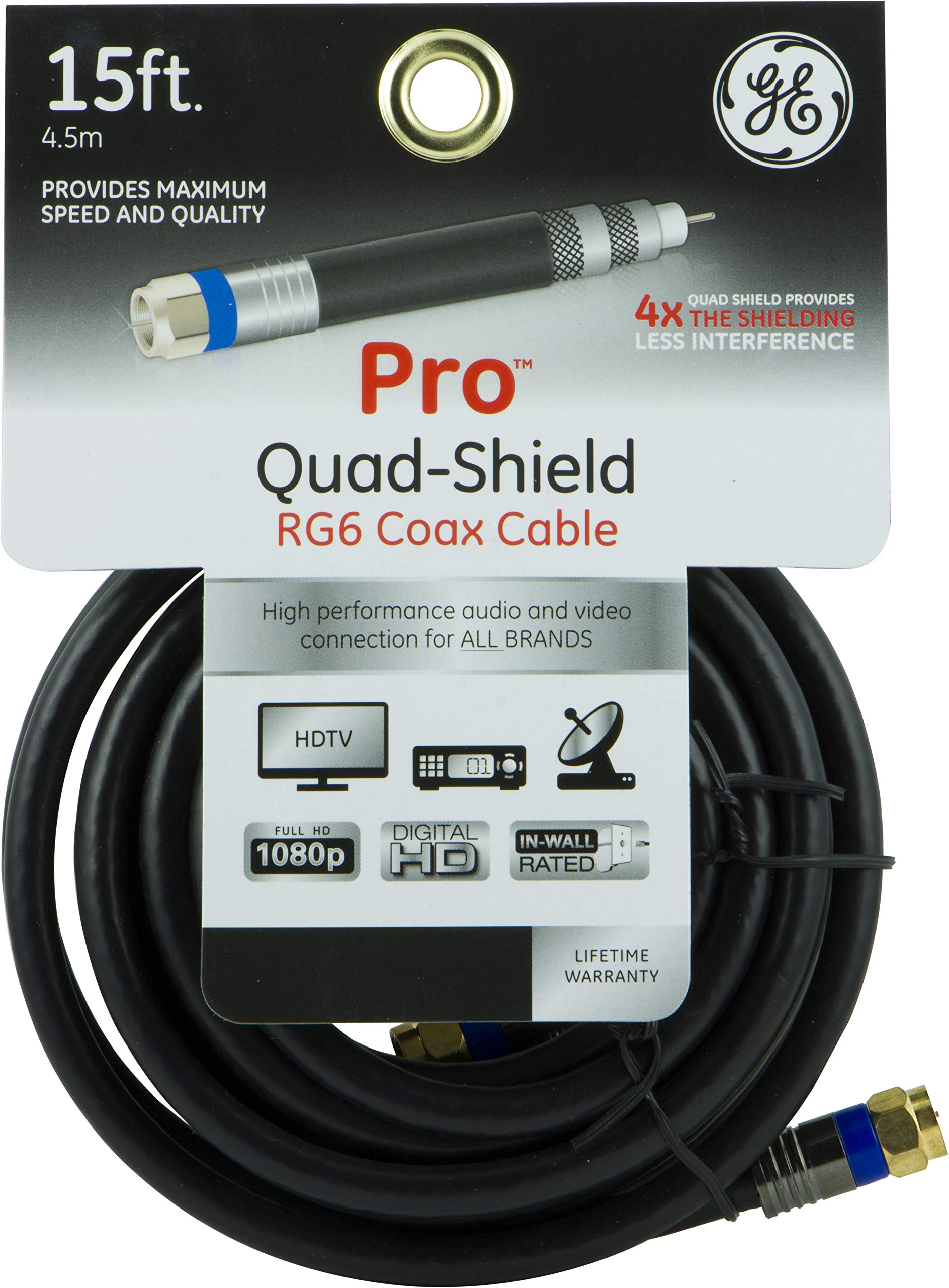 GE RG6 Coaxial Cable, 50 ft. F-Type Connectors, Quad Shielded Coax Cable, 3 GHz Digital, in-Wall Rated, Ideal for TV Antenna, DVR, VCR, Satellite, Cable Box, Home Theater, Black, 33532 - Image 8