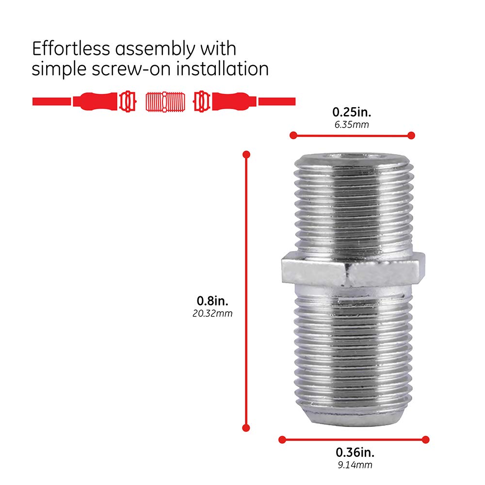 GE Coaxial Cable Extension Adapter Couplers, 50-Pack, Works on F-Type RG59 RG6 Coax Cables, Connects Two Coaxial Cables to Extend Length, Female-to-Female Connectors, with Resealable Bag, 51246 - Image 4
